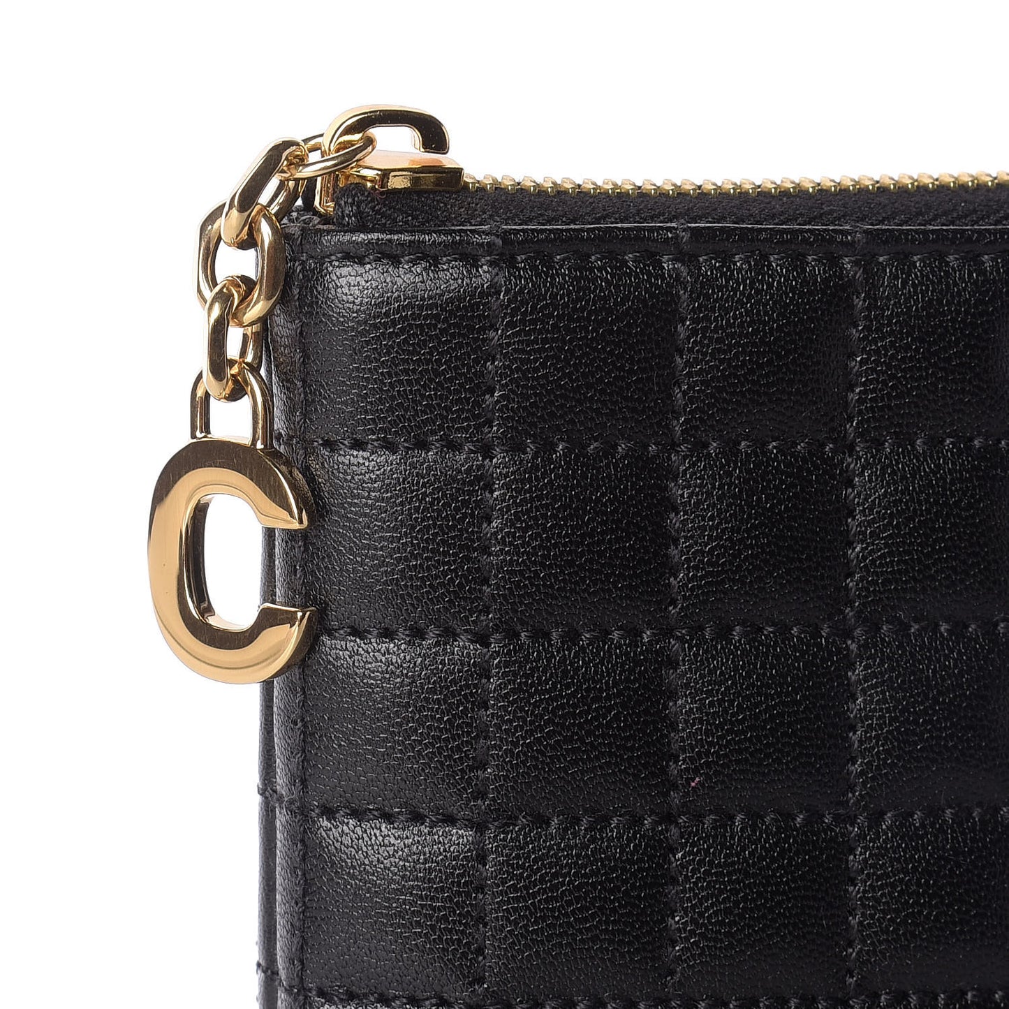 Calfskin Quilted C Charm Pouch Black