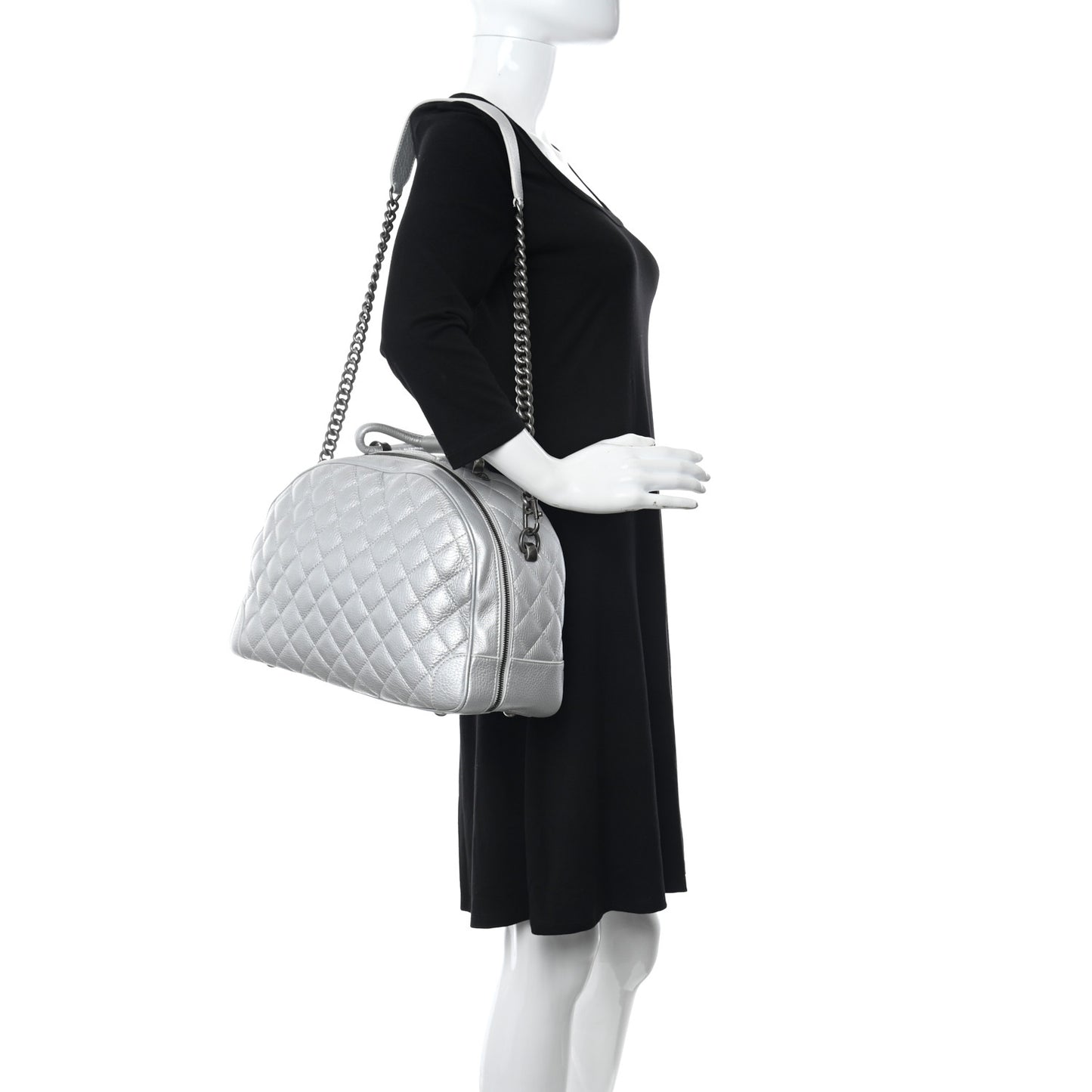 Metallic Calfskin Quilted Medium Airlines Round Trip Bowling Bag Silver