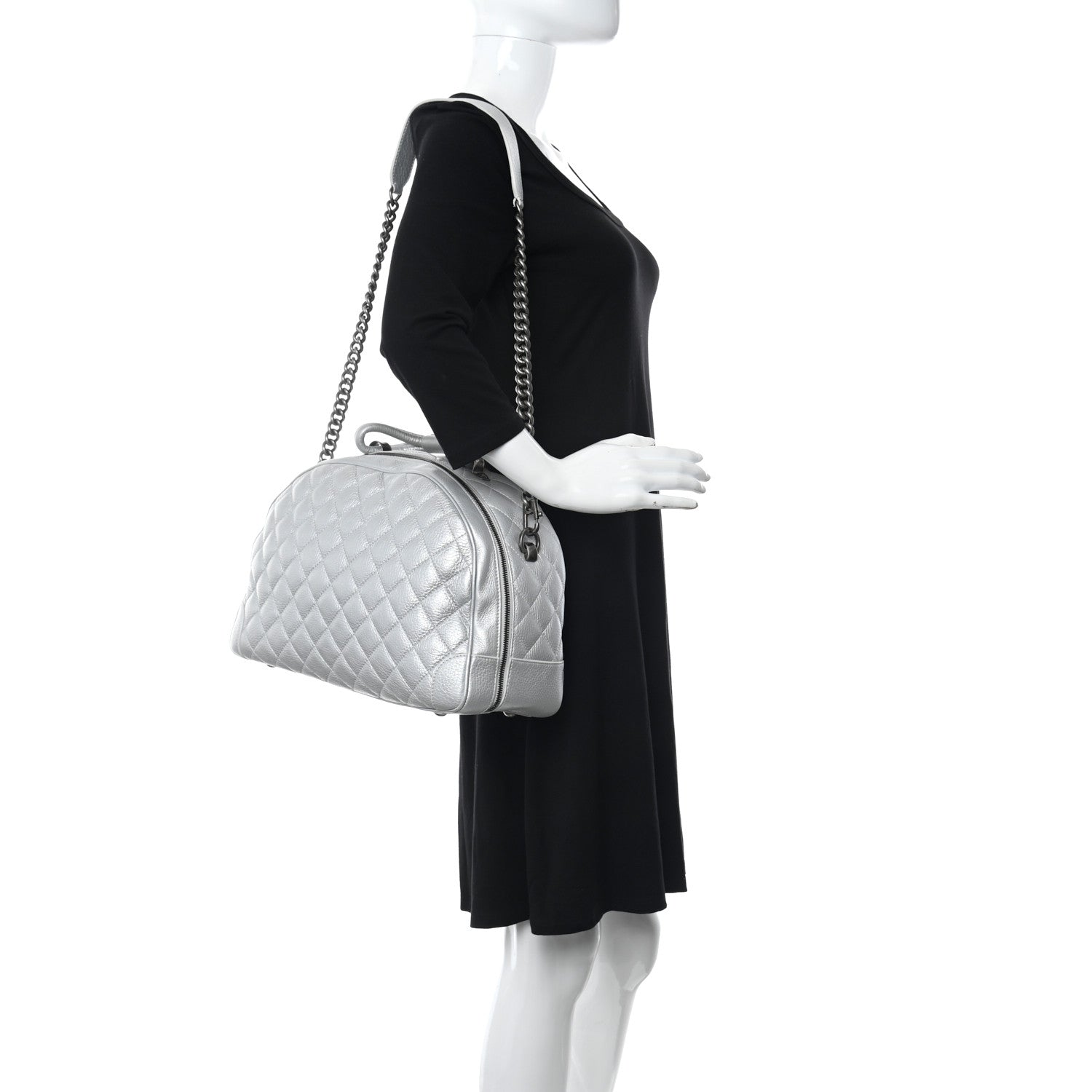 Chanel Metallic Calfskin Quilted Medium Airlines Round Trip Bowling Bag Silver 2 of 10