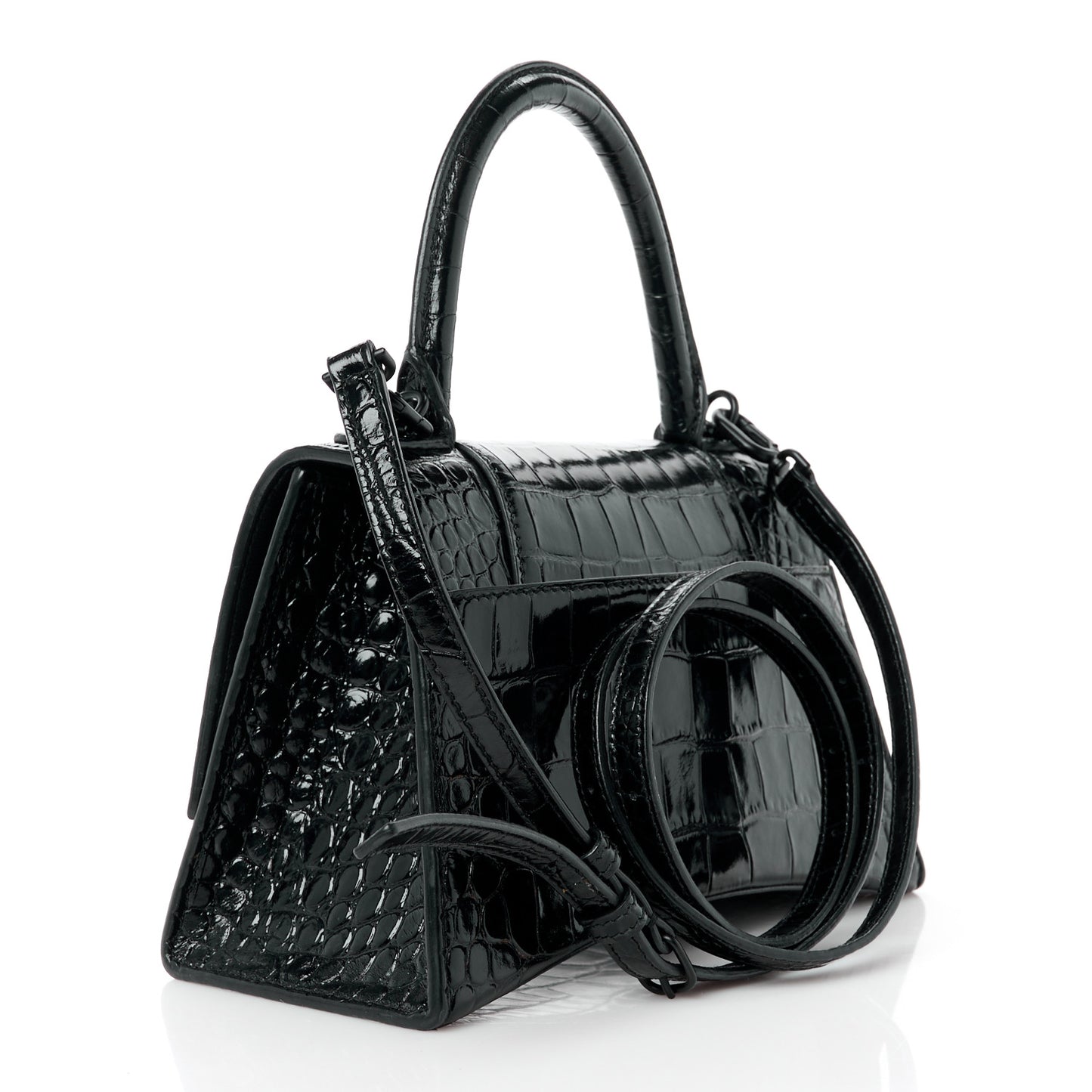 Shiny Calfskin Monochrome Crocodile Embossed Small Hourglass Top Handle Bag Black