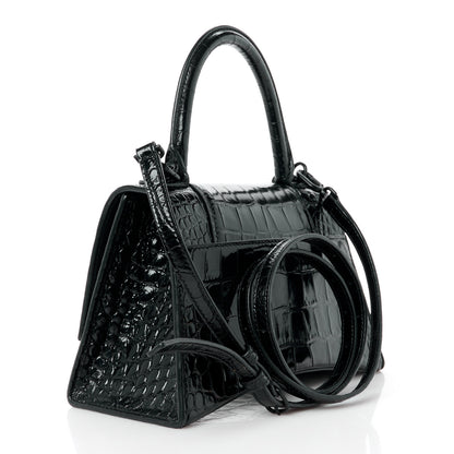 Balenciaga Shiny Calfskin Monochrome Crocodile Embossed Small Hourglass Top Handle Bag Black 3 of 10