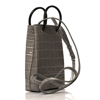 Balenciaga Calfskin Crocodile Embossed Logo Shopping Phone Holder Bag Steel Grey 3 of 10