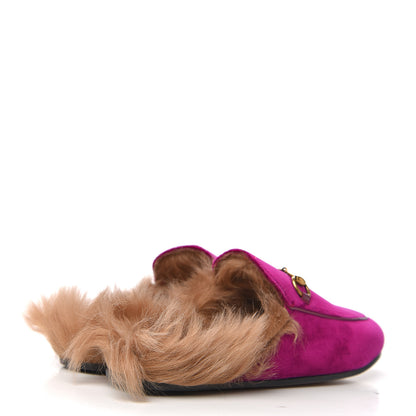 Gucci Velvet Fur Womens Princetown Slippers 38 Fucsia Violet Cyclamen Natural 4 of 8