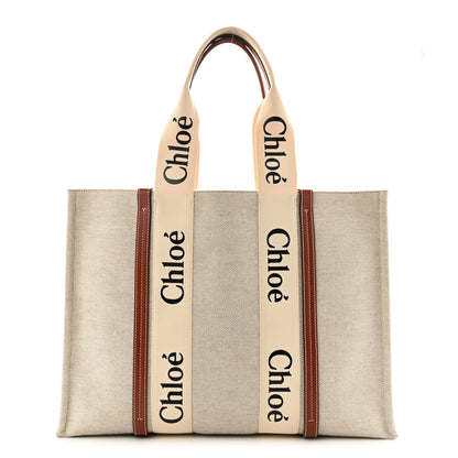Chloe Cotton Calfskin Large Woody Ribbon Tote White Brown 1 of 13