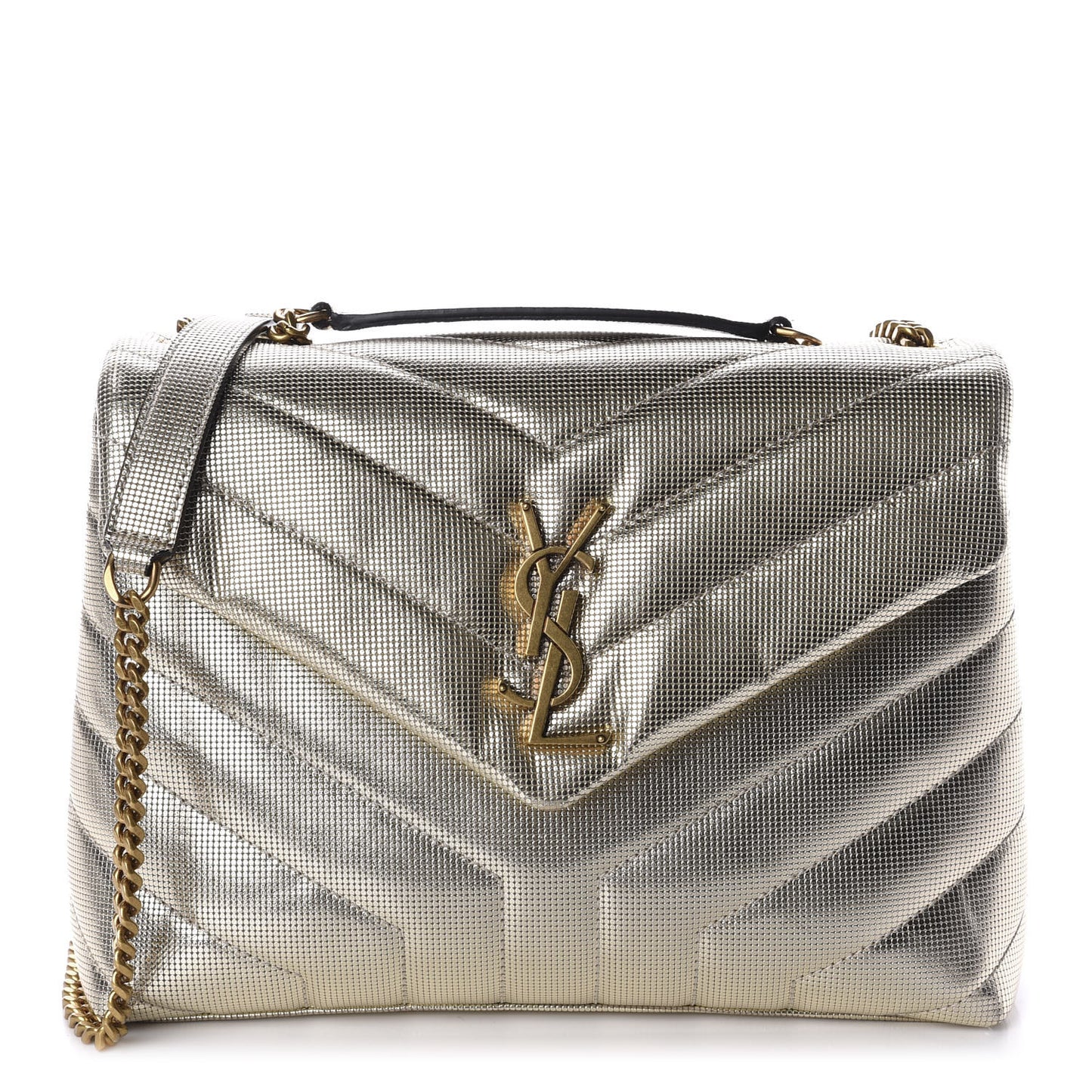 Metallic Calfskin Y Quilted Small Loulou Monogram Chain Satchel Platino