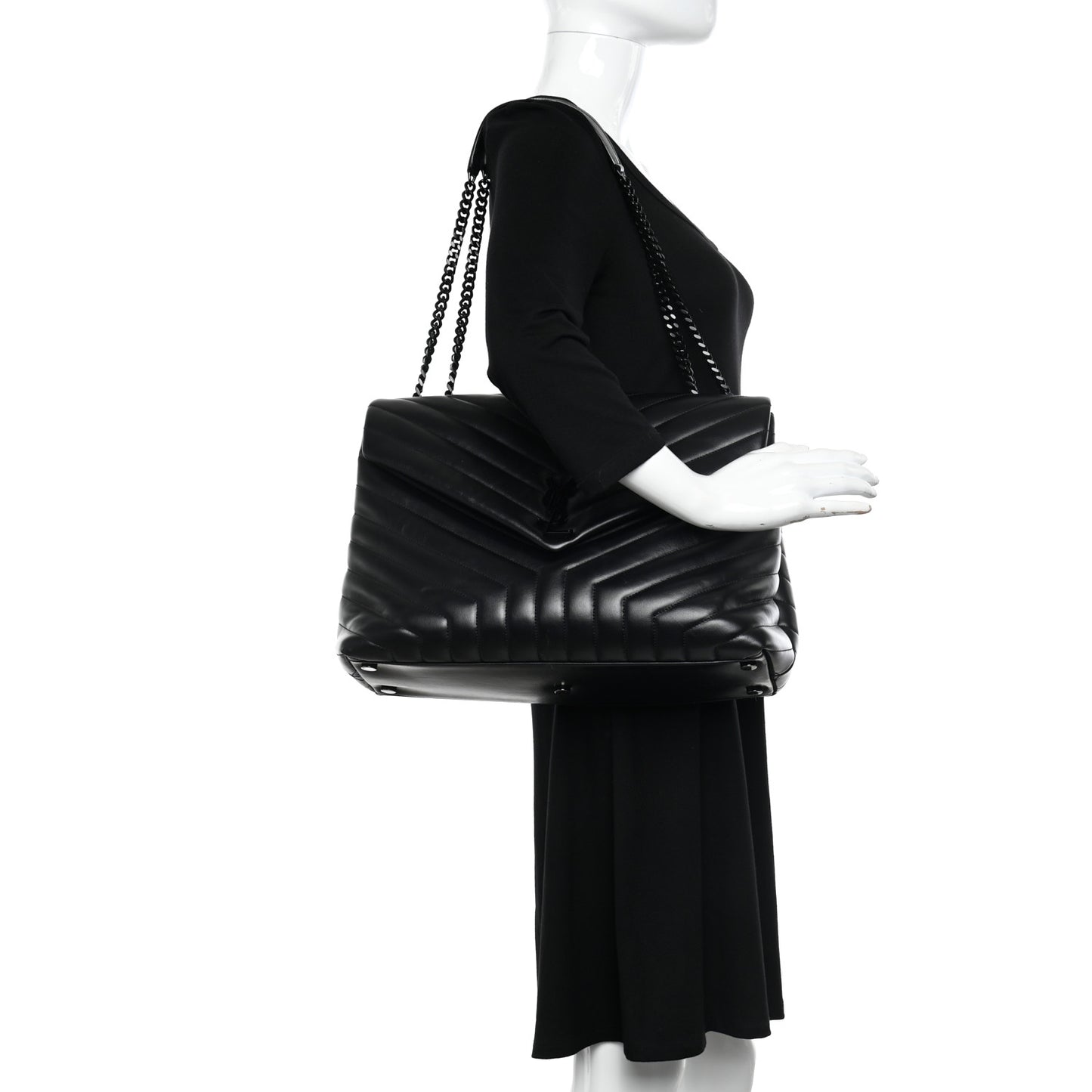 Calfskin Y Quilted Monogram Monochrome Large Loulou Chain Satchel Black