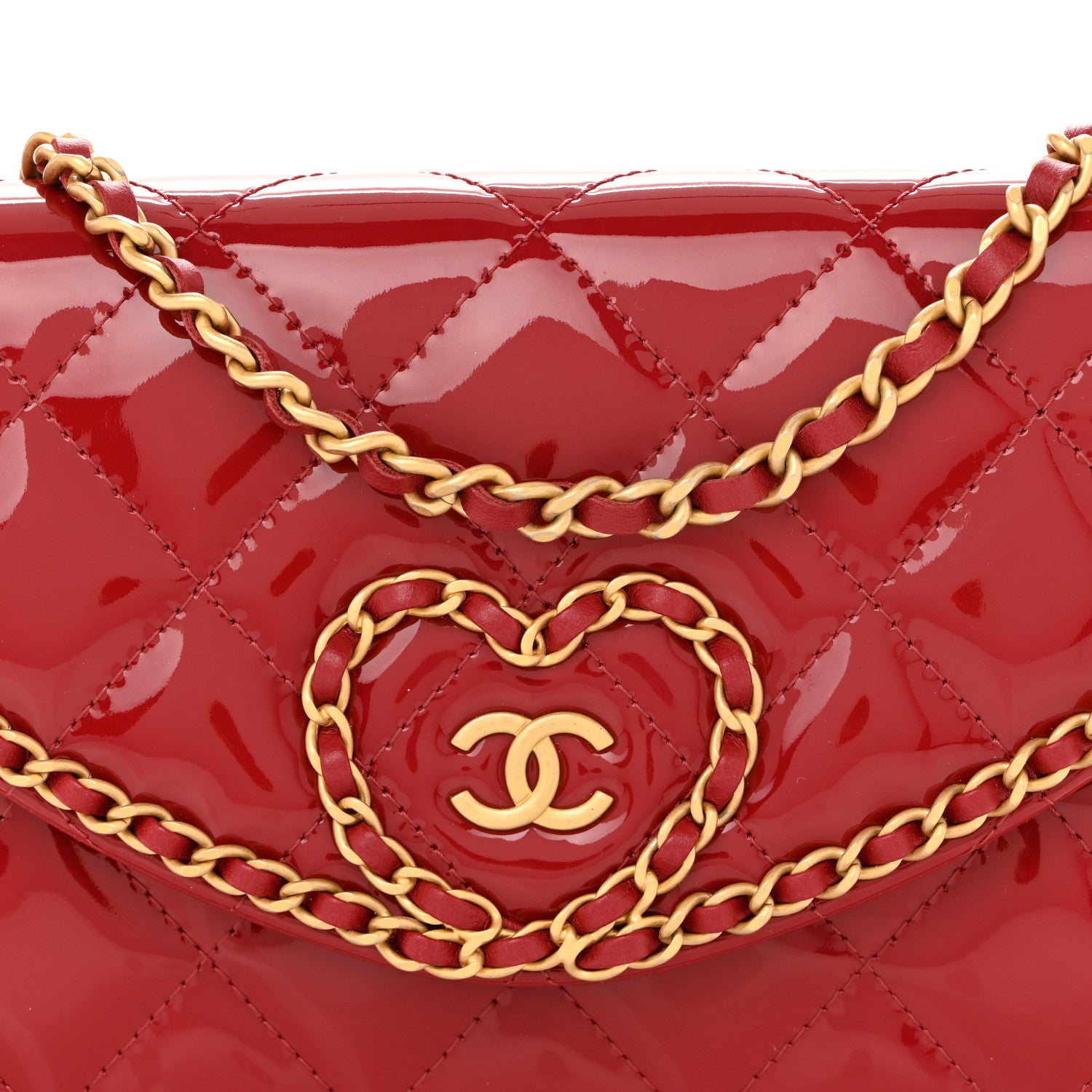 Chanel Patent Quilted Chain Around Heart Wallet On Chain WOC Red 9 of 15
