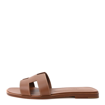 Hermes Box Calfskin Oran Sandals 37.5 Gold 1 of 10