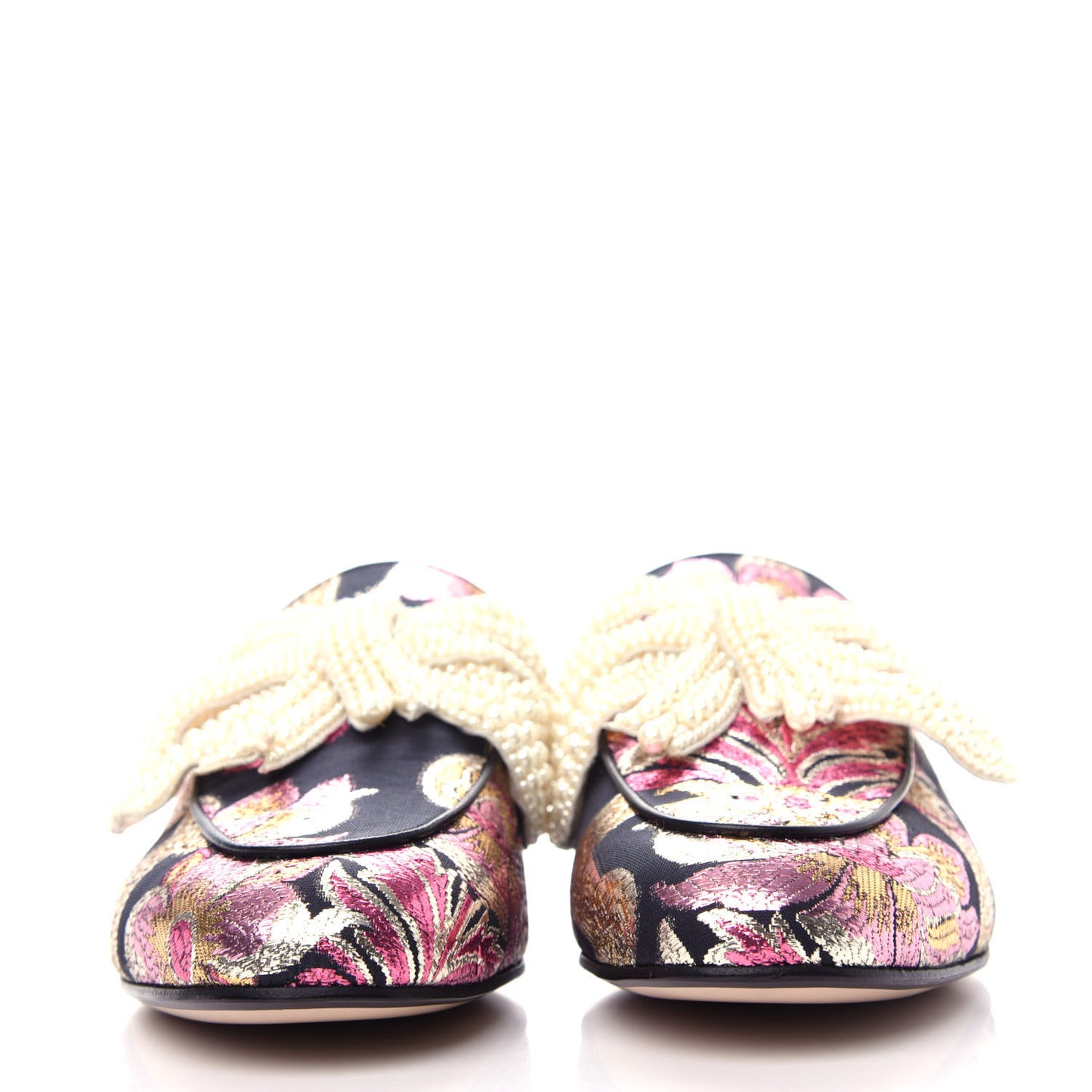 Iridescent Brocade Pearl Bow Womens Princetown Slippers 37.5 Black Pink