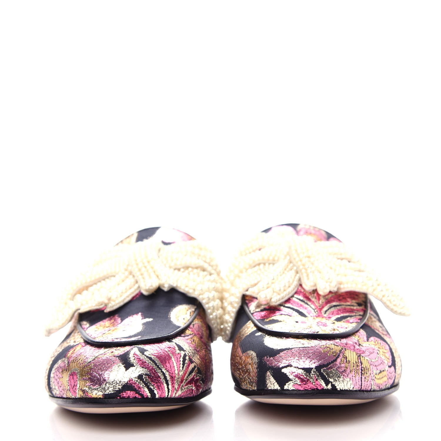 Gucci Iridescent Brocade Pearl Bow Womens Princetown Slippers 37.5 Black Pink 2 of 11