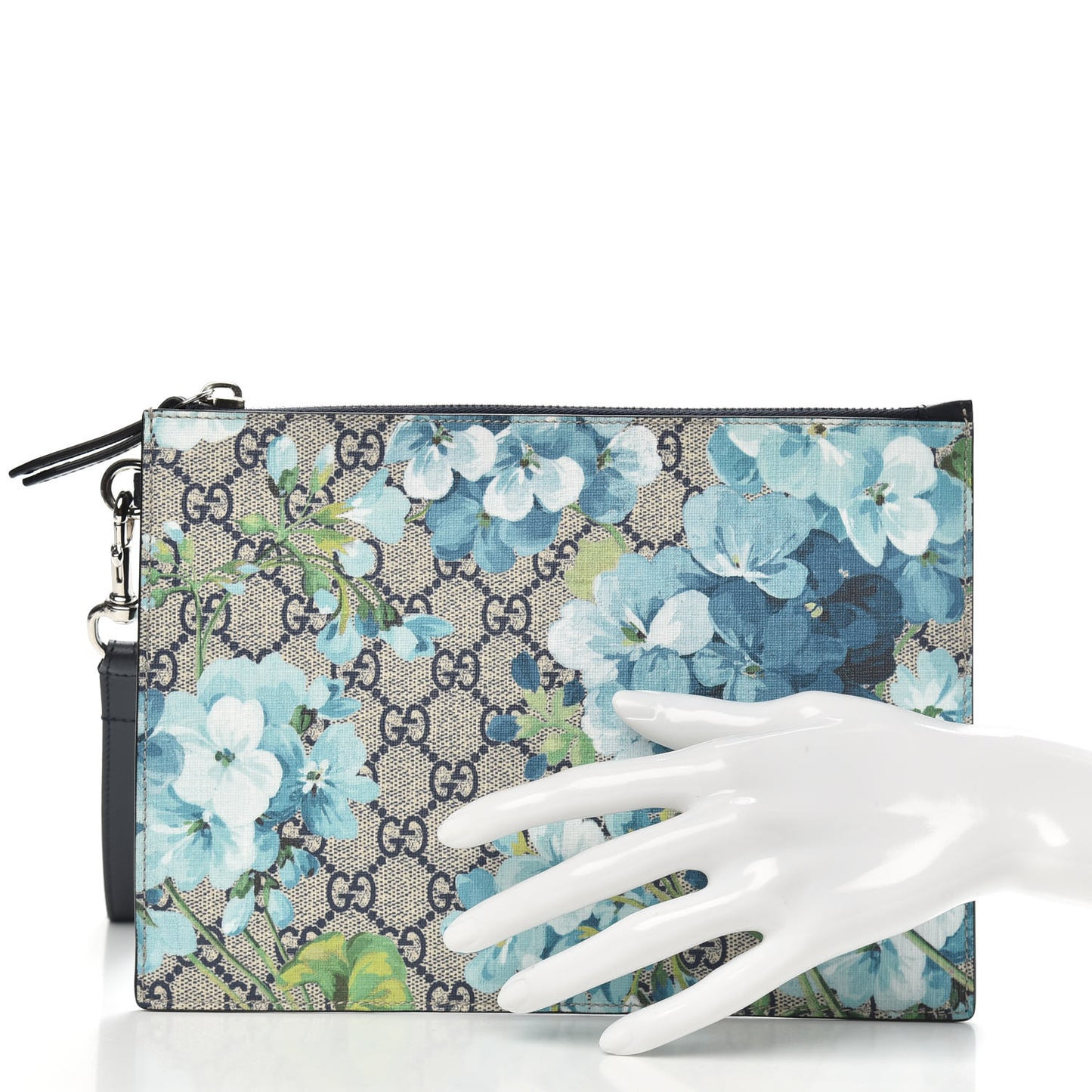 GG Supreme Monogram Blooms Small Zip Wristlet Pouch Beige Blue Black