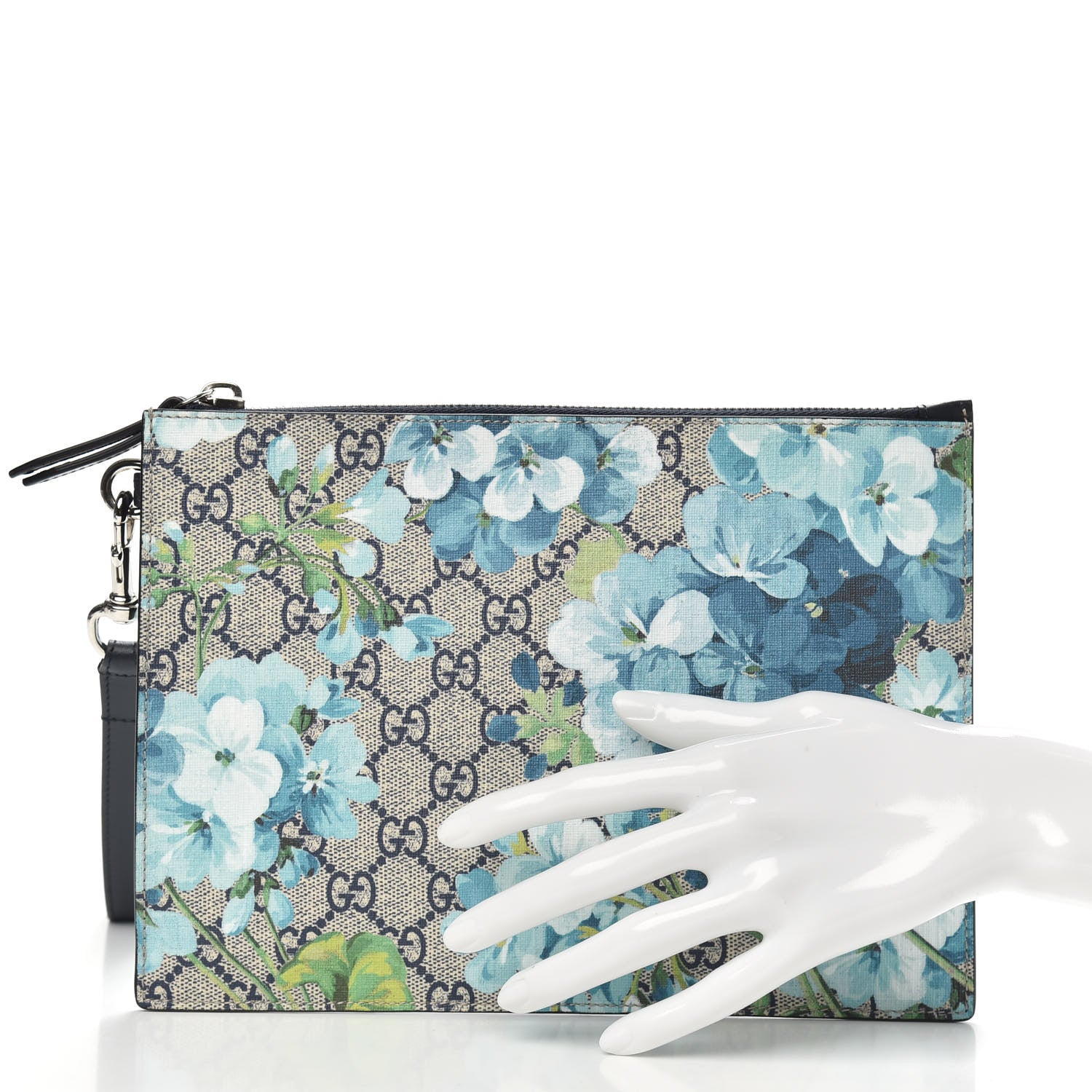 Gucci GG Supreme Monogram Blooms Small Zip Wristlet Pouch Beige Blue Black 2 of 5