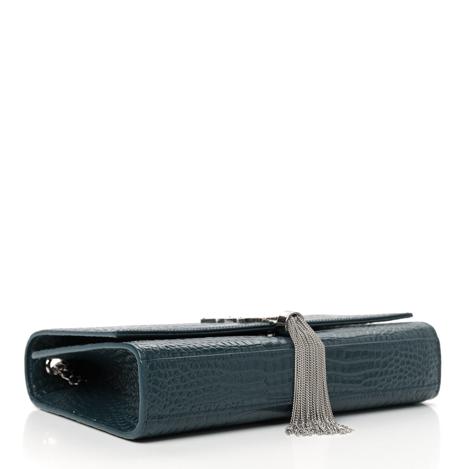 Saint Laurent Calfskin Crocodile Embossed Medium Classic Monogram Kate Tassel Satchel Dark Green 4 of 8