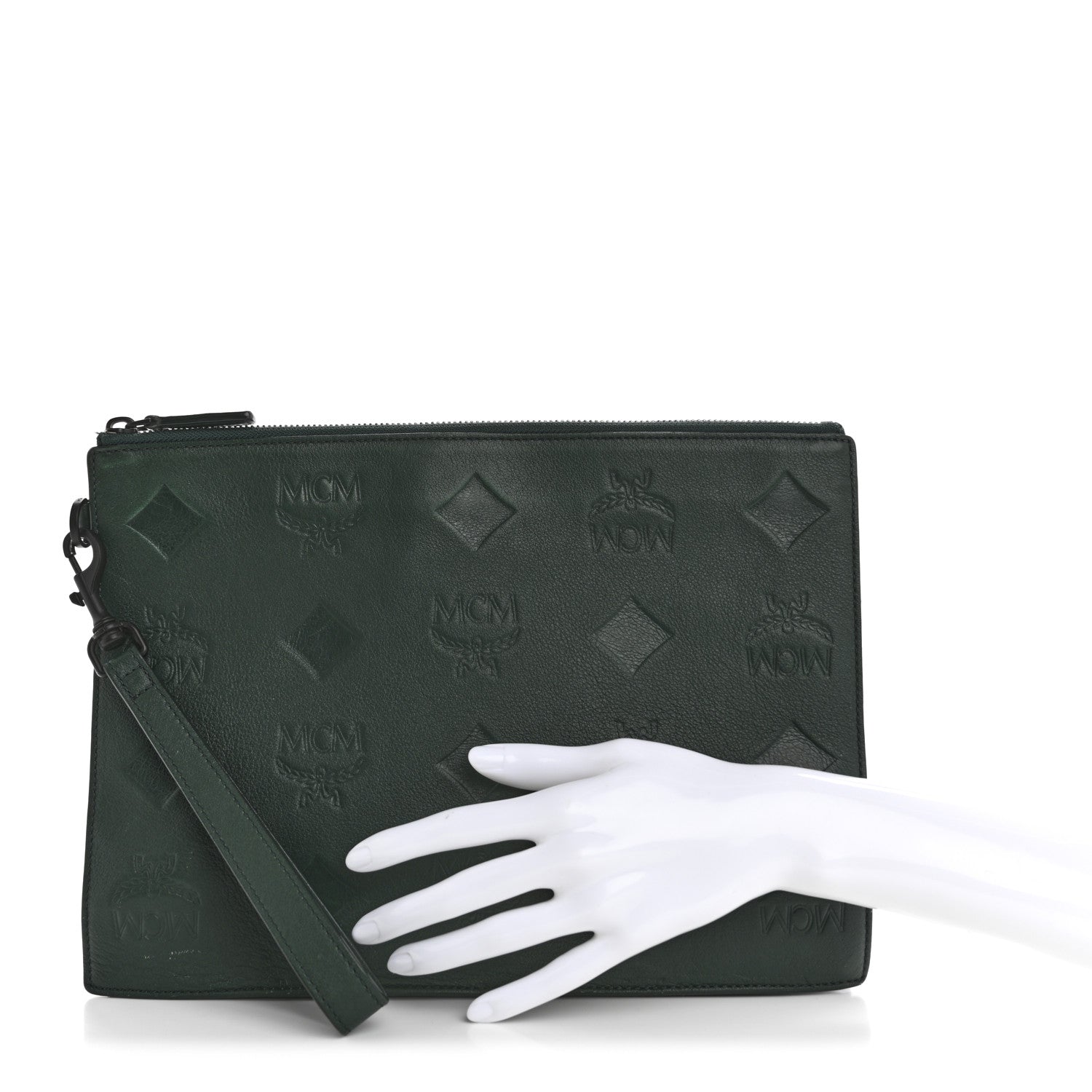 MCM Calfskin Ottomar Wristlet Pouch Forest Green 2 of 13