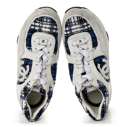 Chanel Tweed Suede Calfskin Womens CC Sneakers 41 Dark Blue Black Grey White 2 of 9