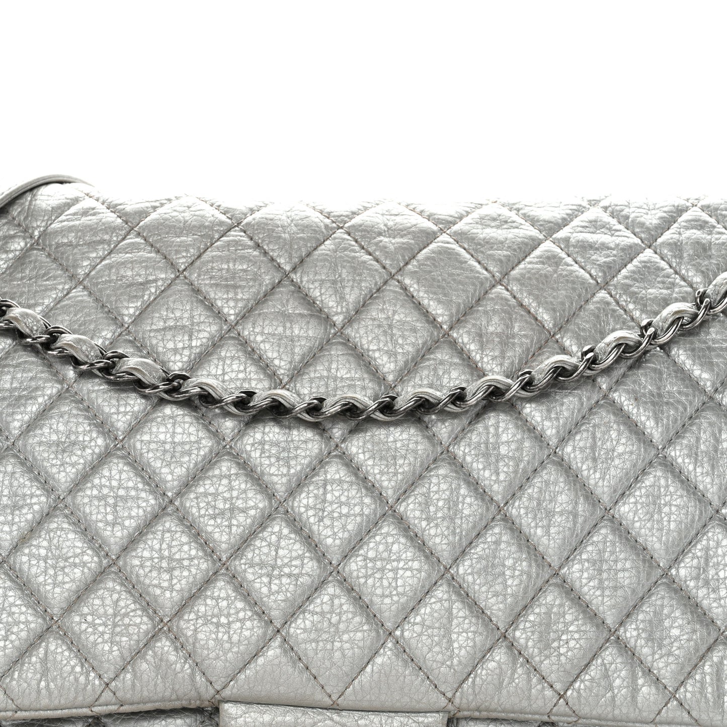 Metallic Calfskin Quilted XXL Travel Flap Bag Silver