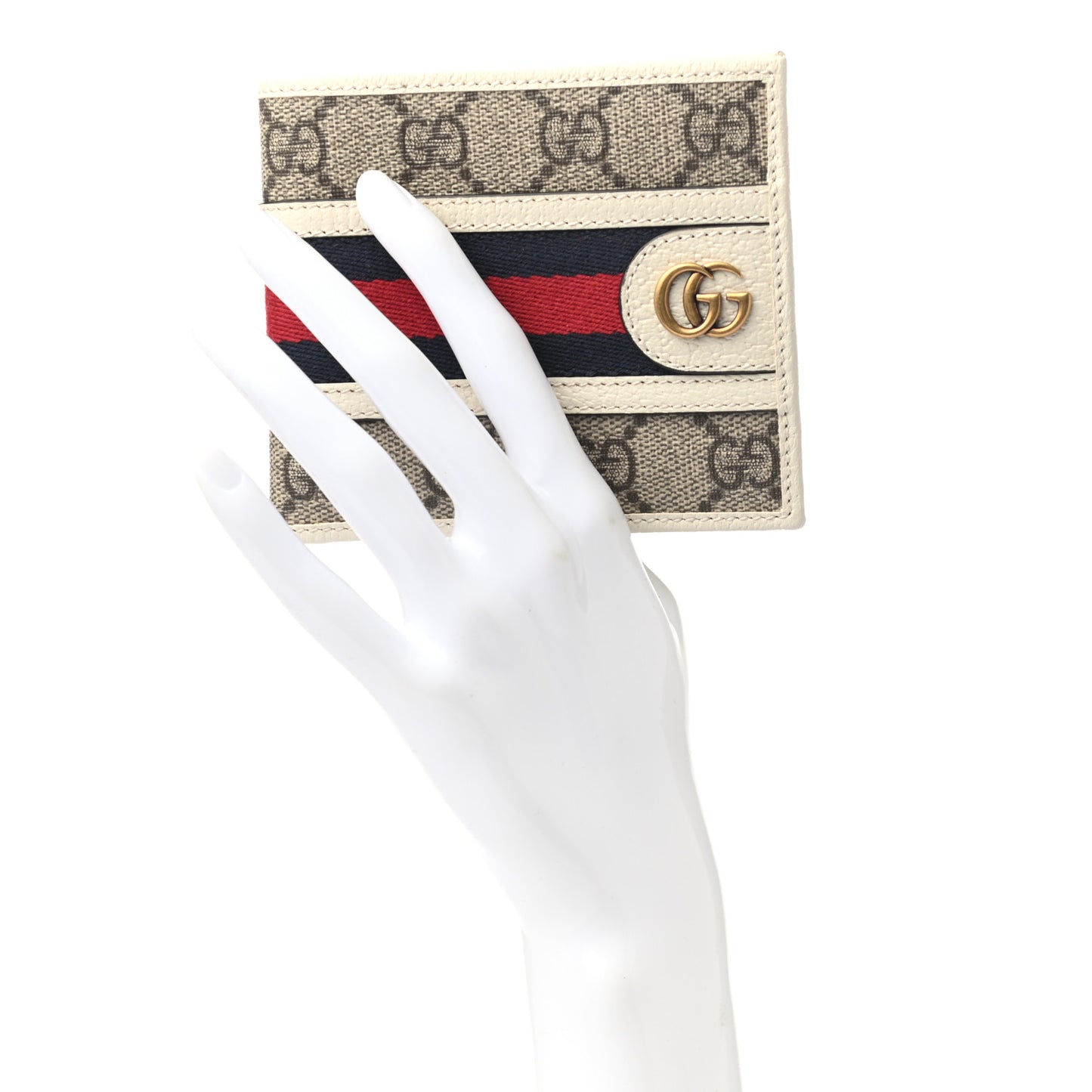 GG Supreme Monogram Textured Calfskin Web Mens Ophidia Bi-Fold Coin Wallet Beige Ebony Mystic White