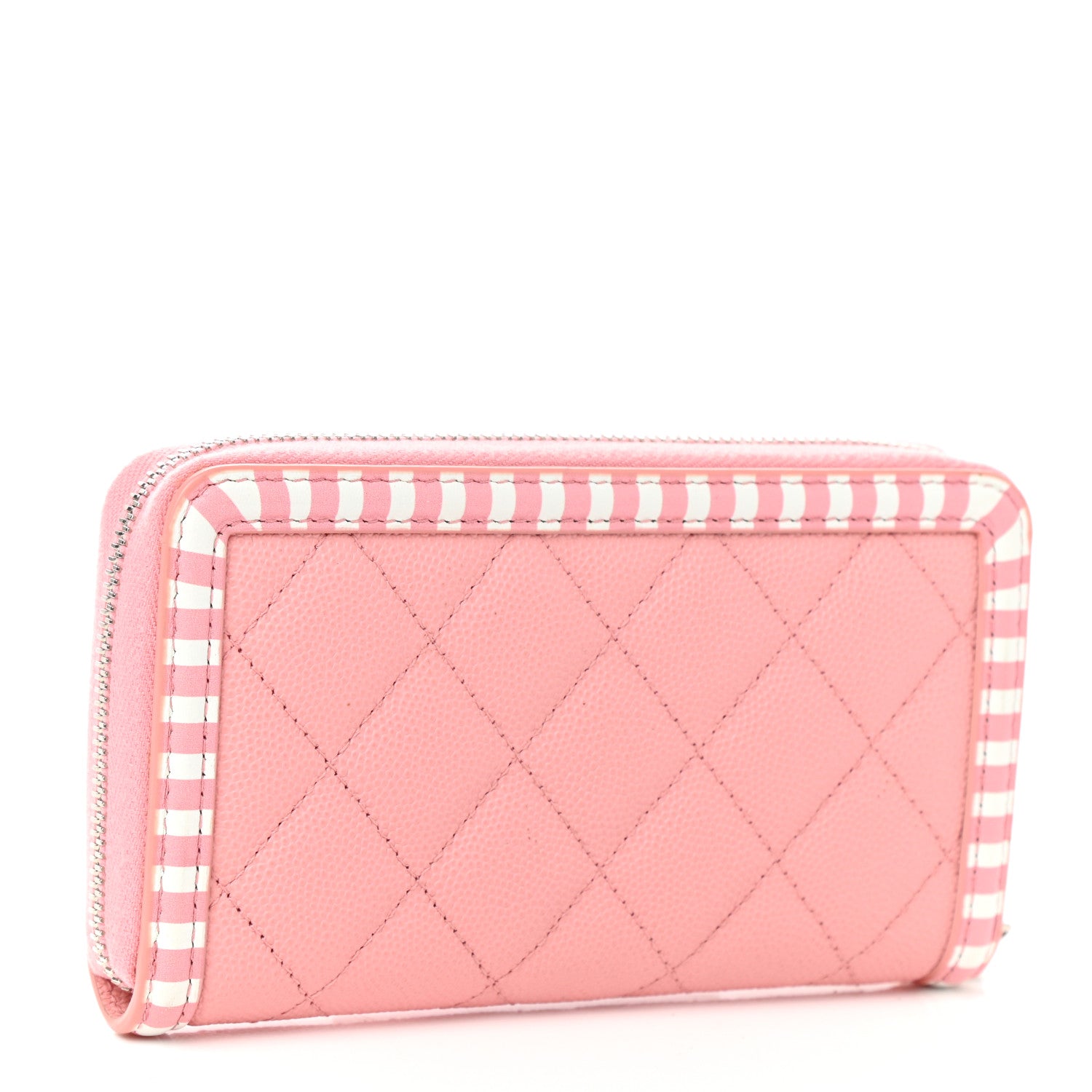 Chanel Caviar Quilted Medium Stripe Filigree Zip Around Wallet Pink White 3 of 9