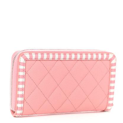 Chanel Caviar Quilted Medium Stripe Filigree Zip Around Wallet Pink White 3 of 9