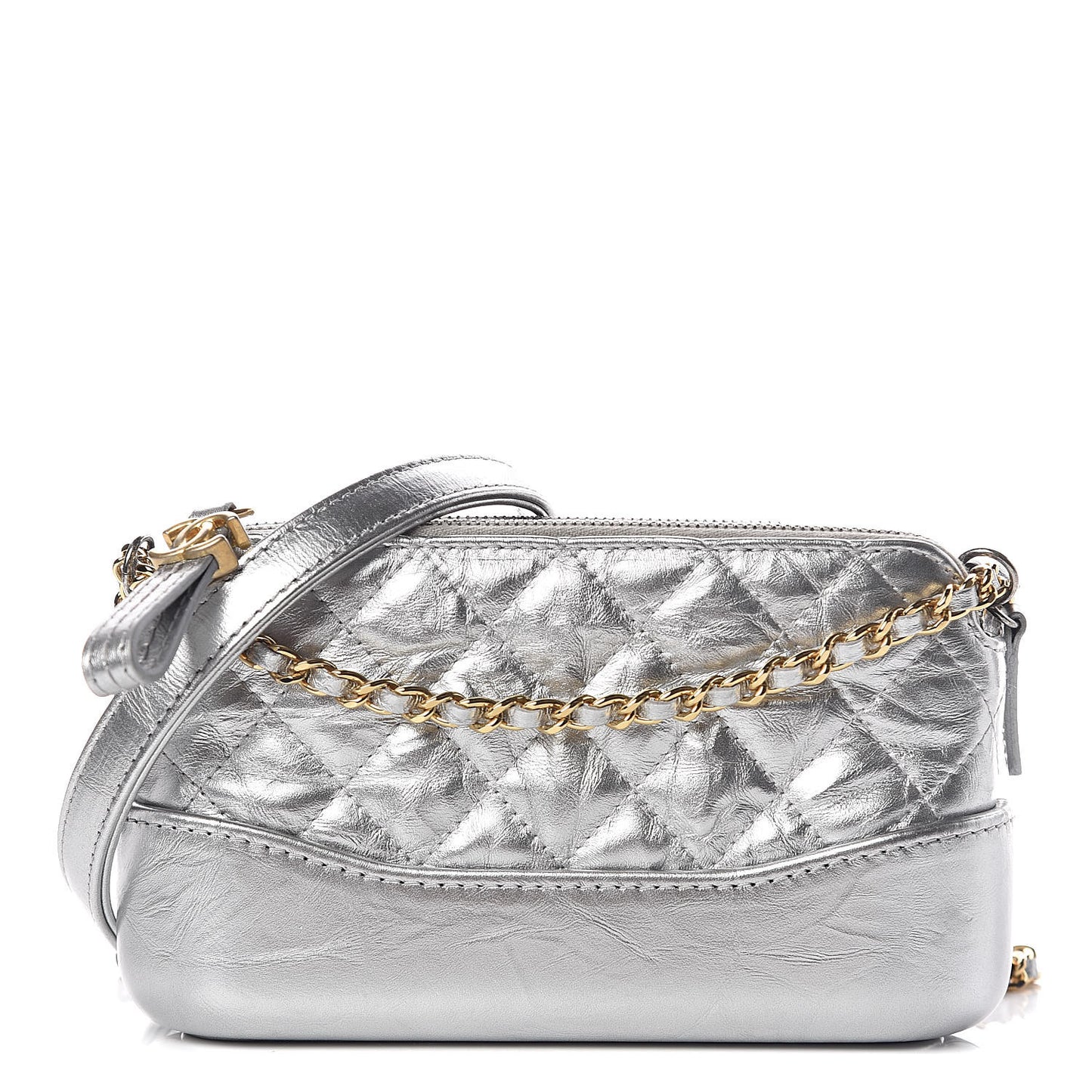 Metallic Lambskin Calfskin Quilted Small Gabrielle Clutch With Chain Silver