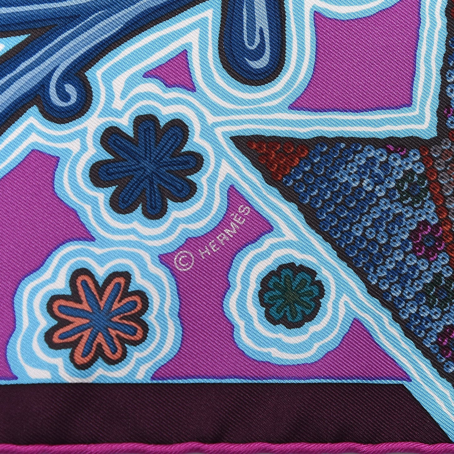 Silk L'Arbre Du Vent Scarf 90 Bleu Fuchsia Turquoise