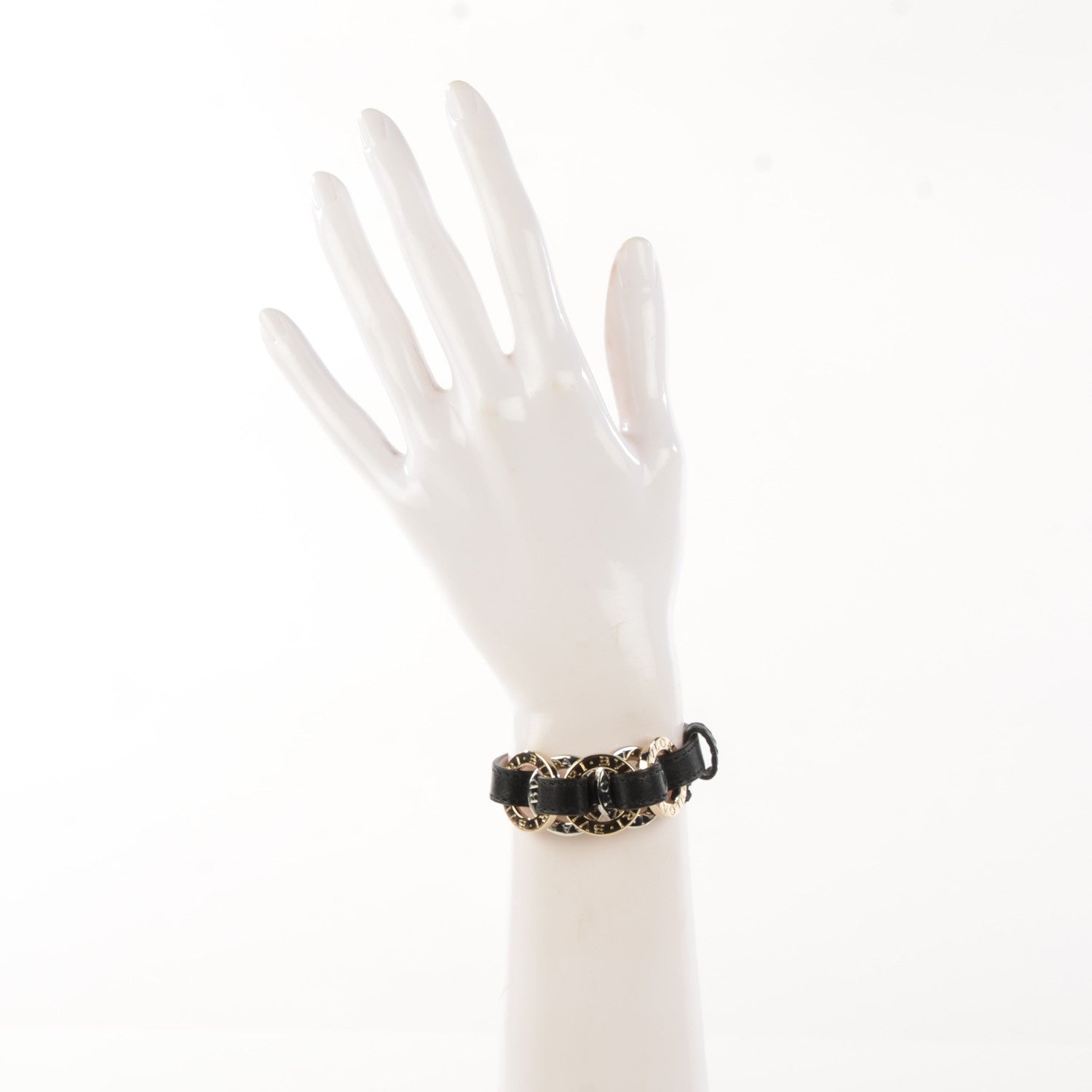 Bulgari Calfskin Circular Panel Bracelet Black Gold Silver 2 of 7