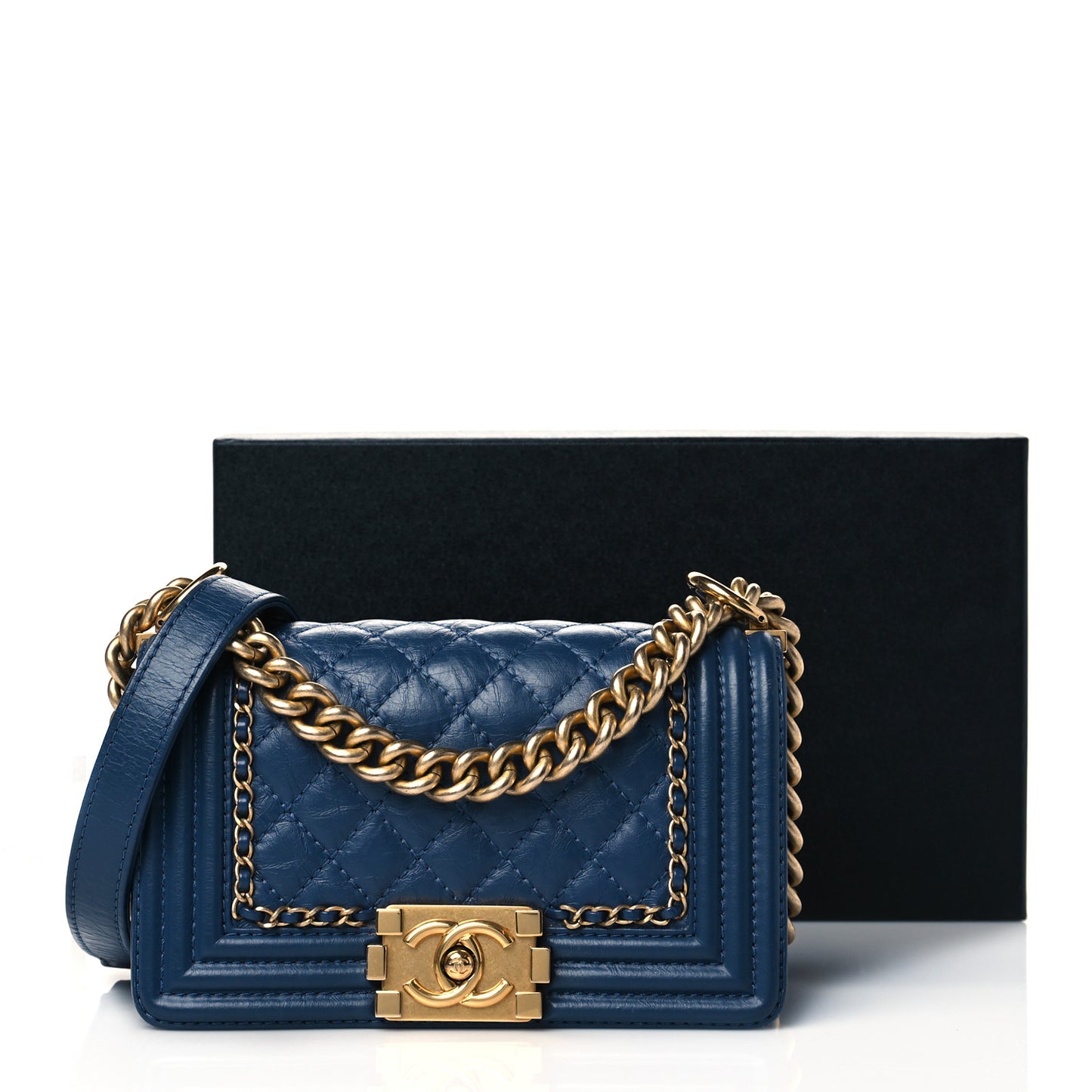 Aged Calfskin Quilted Small Jacket Boy Flap Navy