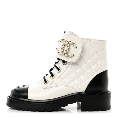 Chanel Shiny Goatskin Calfskin Quilted Lace Up Combat Boots 36 White Black 1 of 8