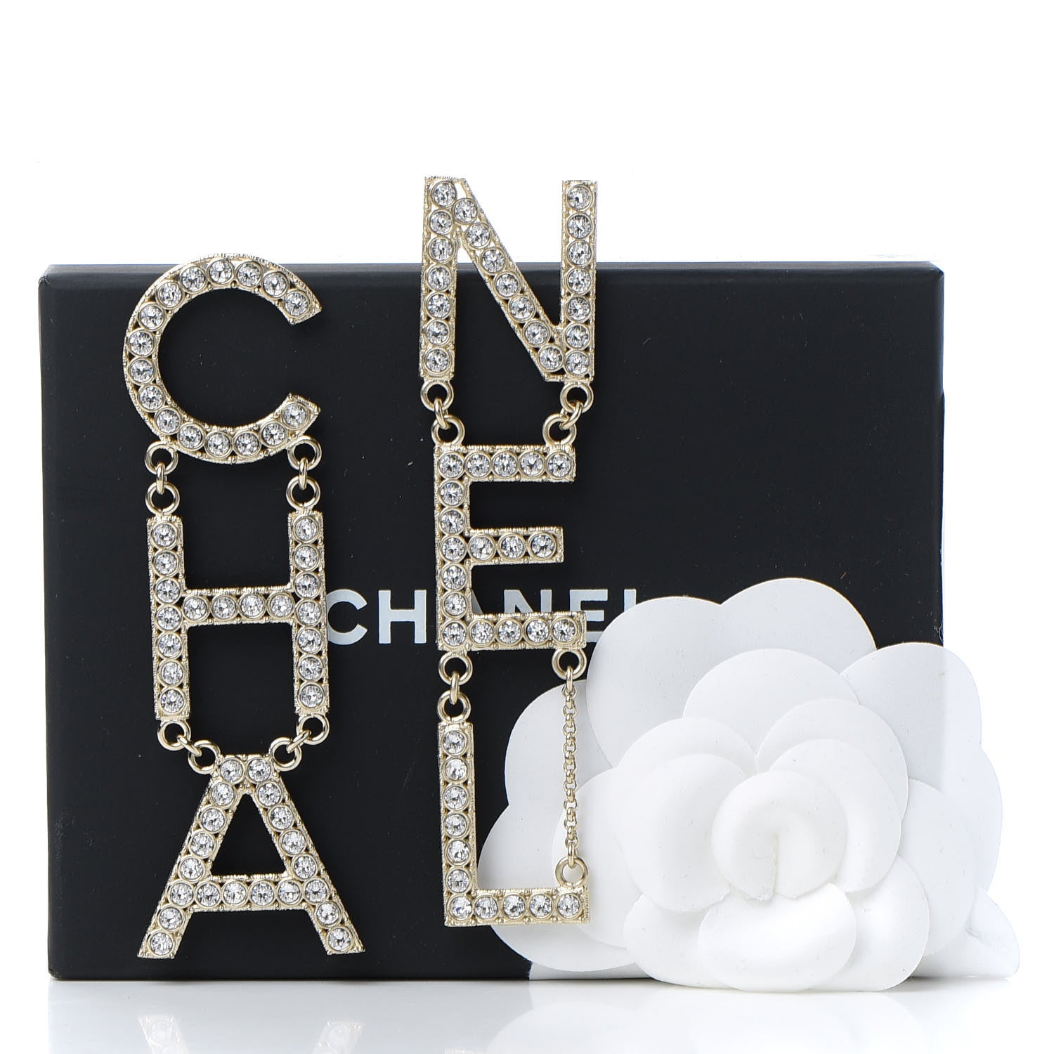 Chanel Crystal Cha-Nel Logo Drop Earrings Gold 5 of 5