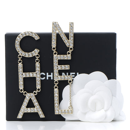 Chanel Crystal Cha-Nel Logo Drop Earrings Gold 5 of 5