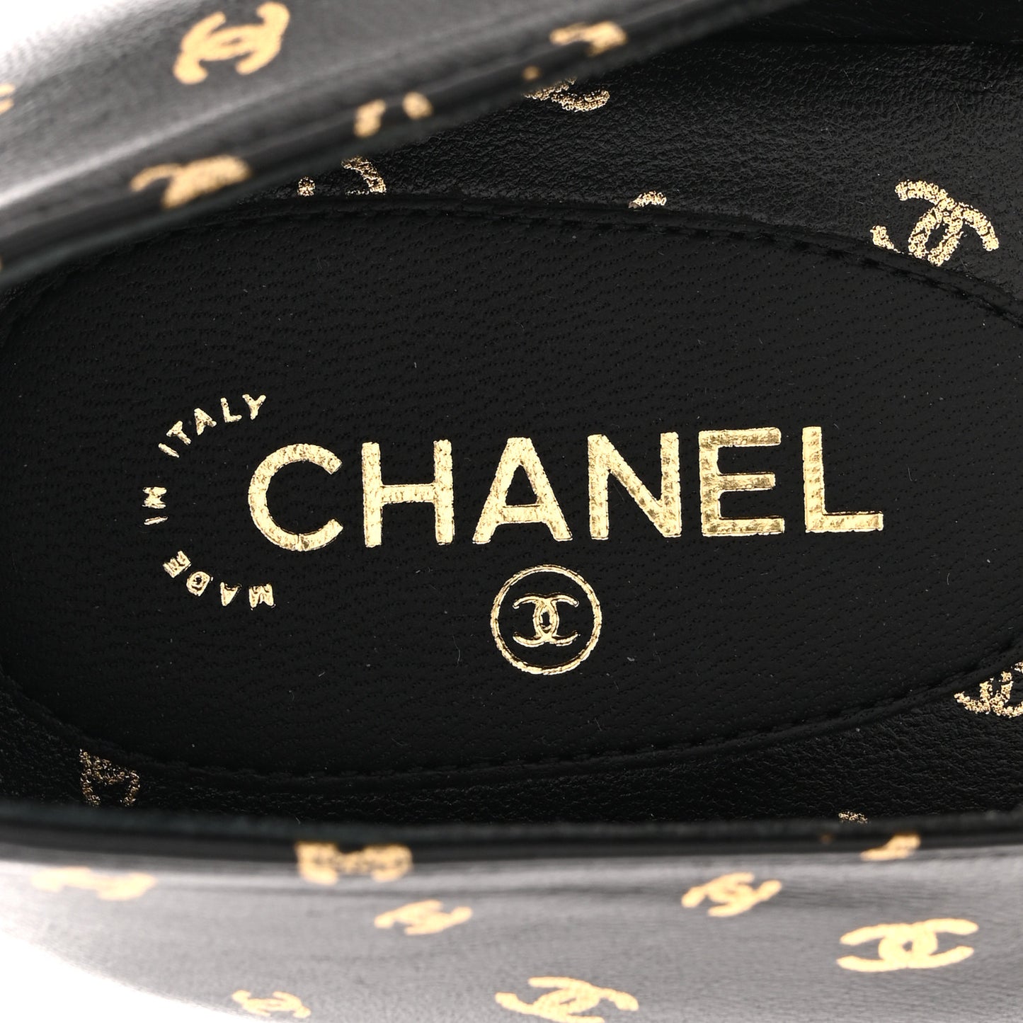 Lambskin Patent Calfskin Printed CC Cap Toe Ballerina Flats 38.5 Black Gold