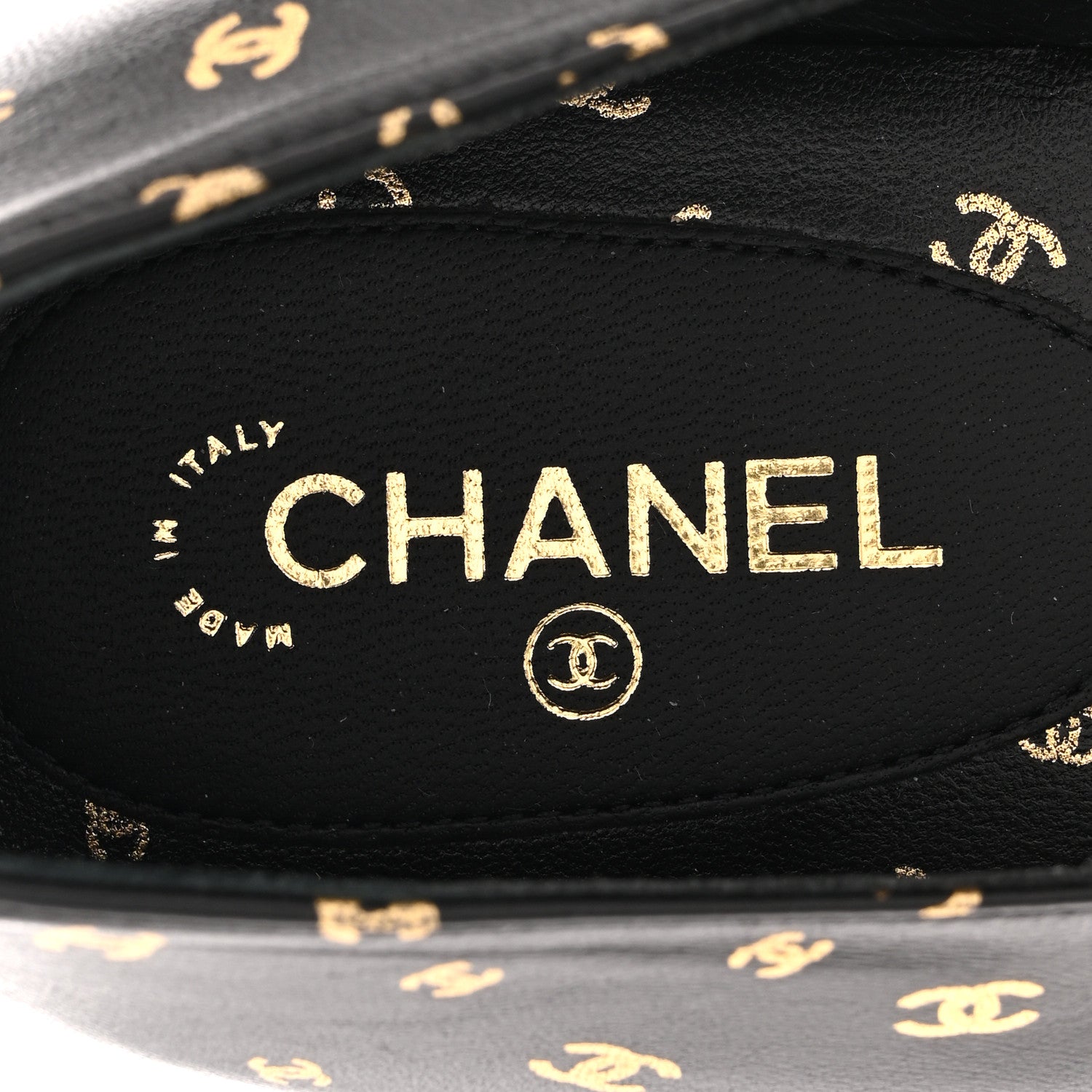 Chanel Lambskin Patent Calfskin Printed CC Cap Toe Ballerina Flats 38.5 Black Gold 7 of 10