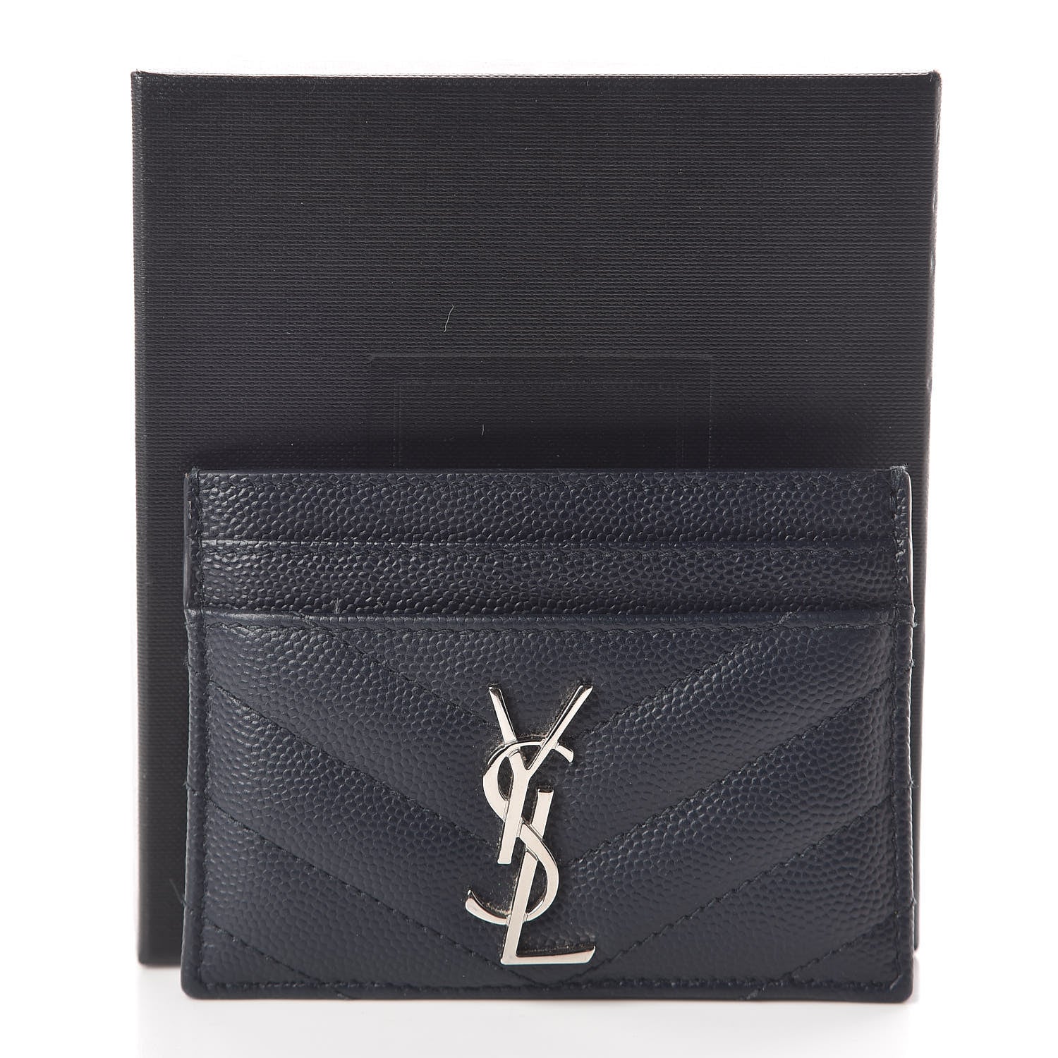 Saint Laurent Grain De Poudre Matelasse Monogram Chevron Credit Card Case Deep Marine 7 of 7