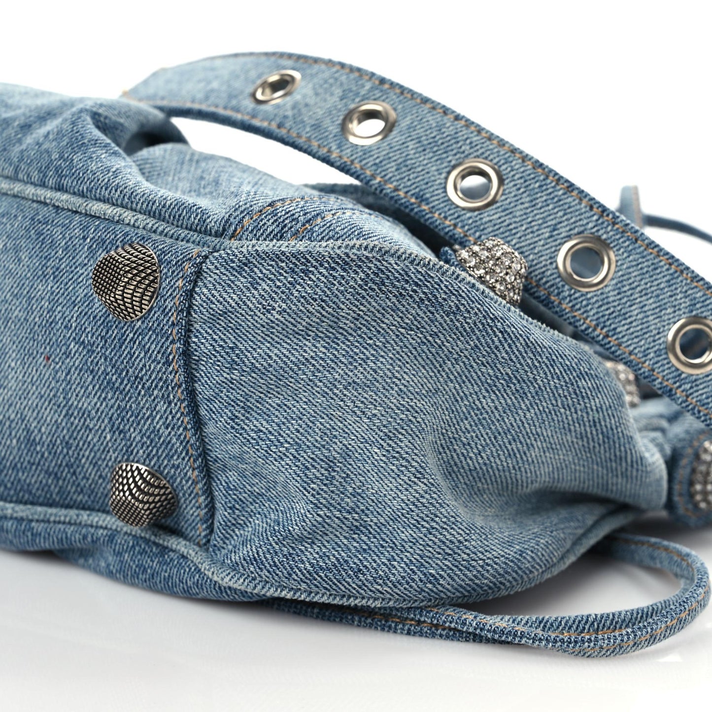 Washed Frayed Denim Crystal Small Le Cagole Shoulder Bag Blue