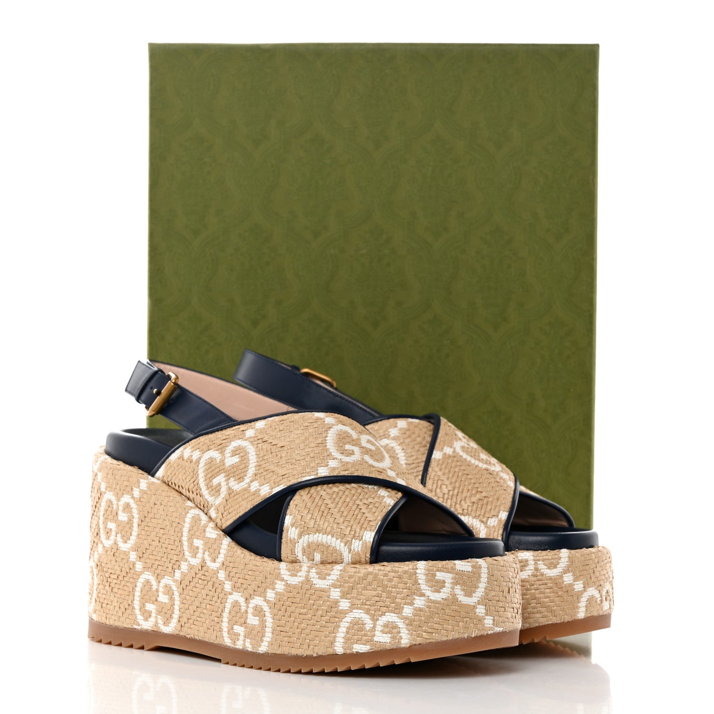 Raffia Nappa GG Monogram Angelina Platform Slingback Sandals 40 Natural Great White Blue Agata
