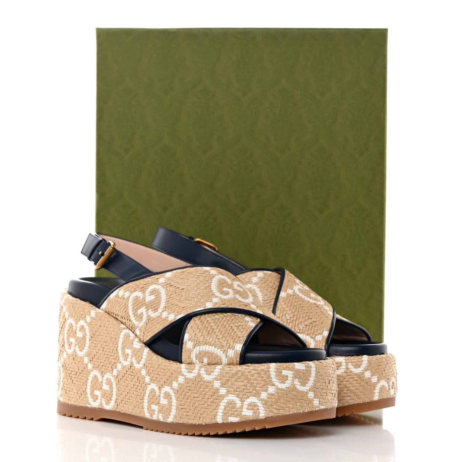 Gucci Raffia Nappa GG Monogram Angelina Platform Slingback Sandals 40 Natural Great White Blue Agata 9 of 9
