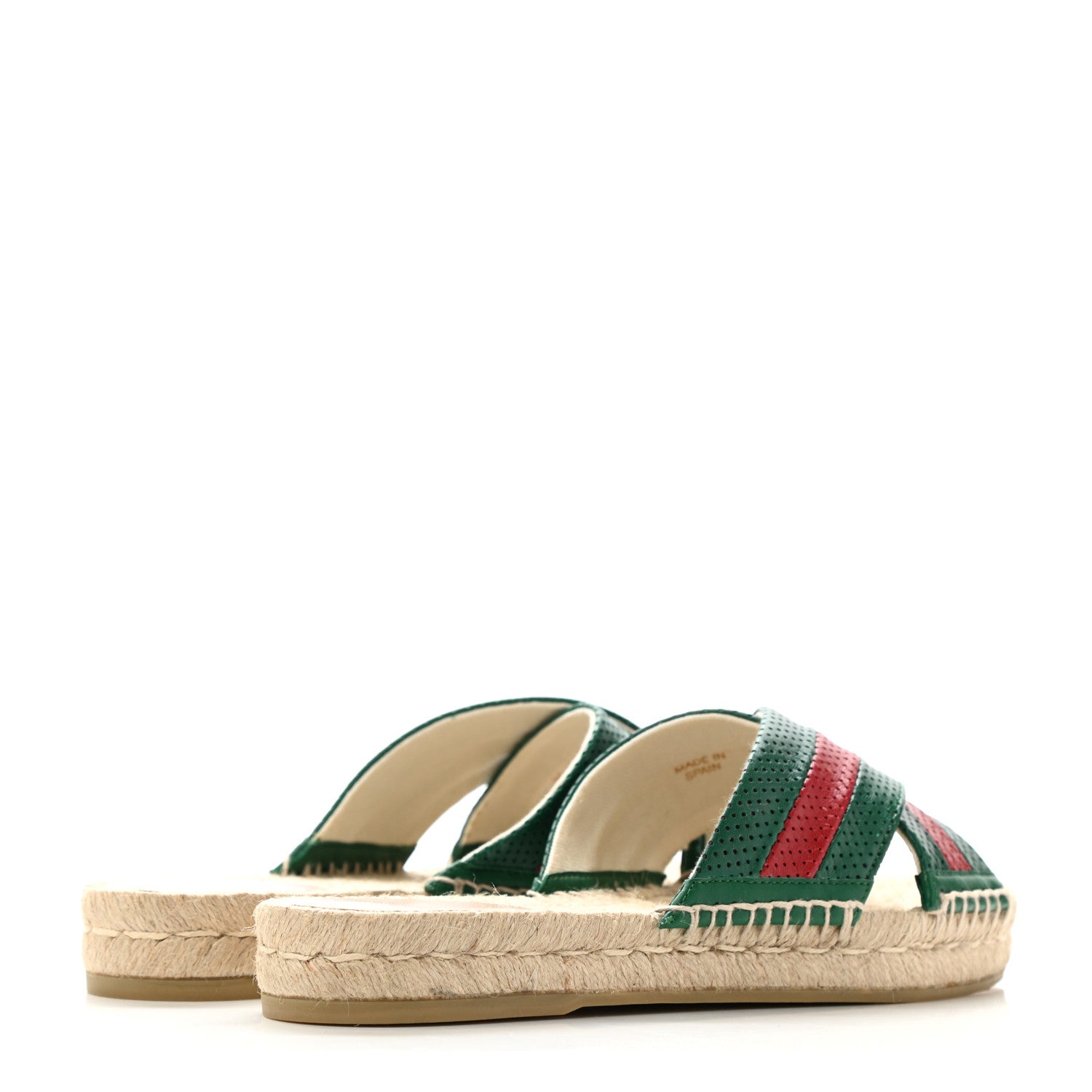 Gucci Malaga Kid Perforated Criss Cross Espadrille Slide Sandals 37.5 Emerald Hibiscus Red 4 of 8