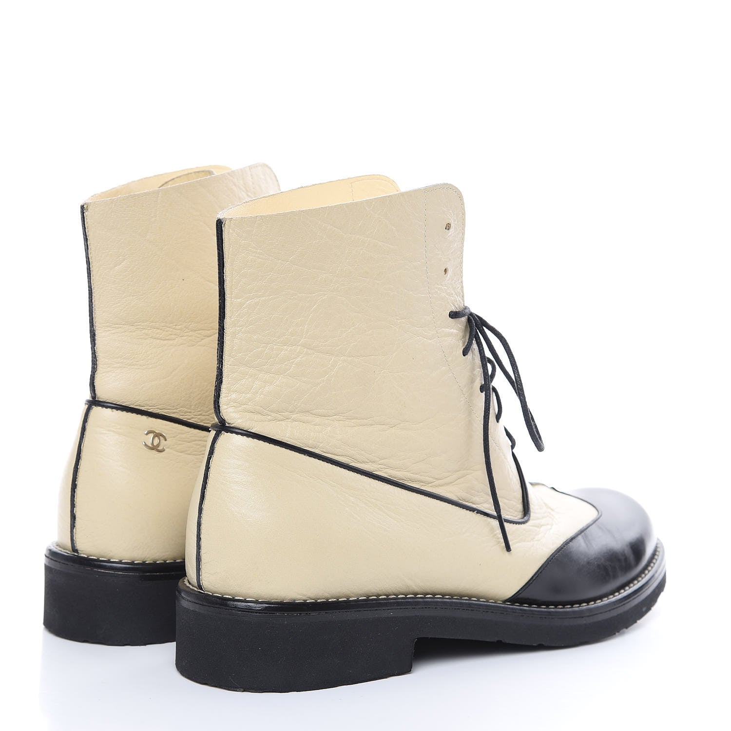 Chanel Crinkled Calfskin Wingtip Lace Up Boots 39.5 Ivory Black 4 of 10
