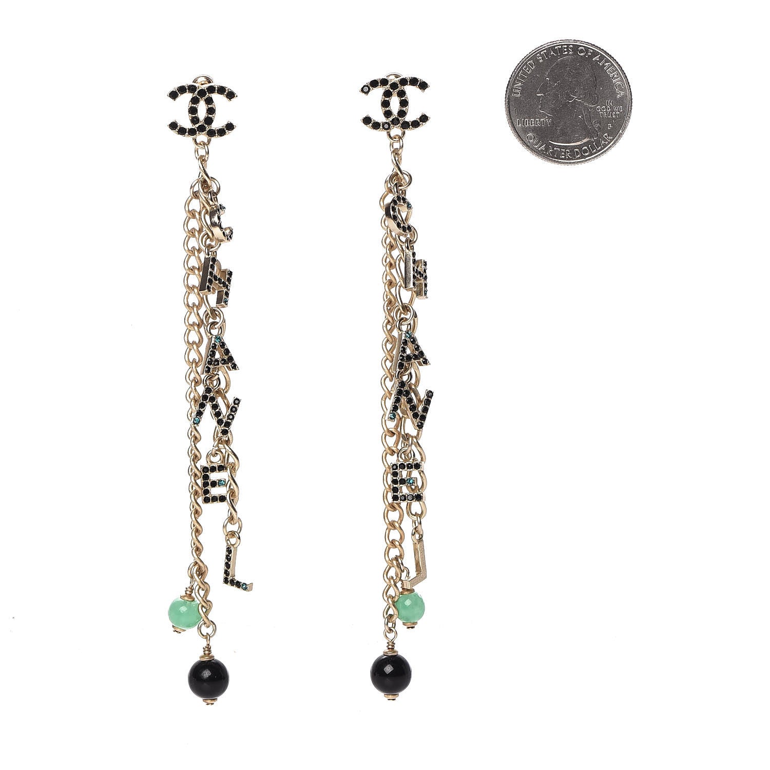Chanel Crystal Bead Logo Chain Logo Drop Earrings Gold 2 of 4