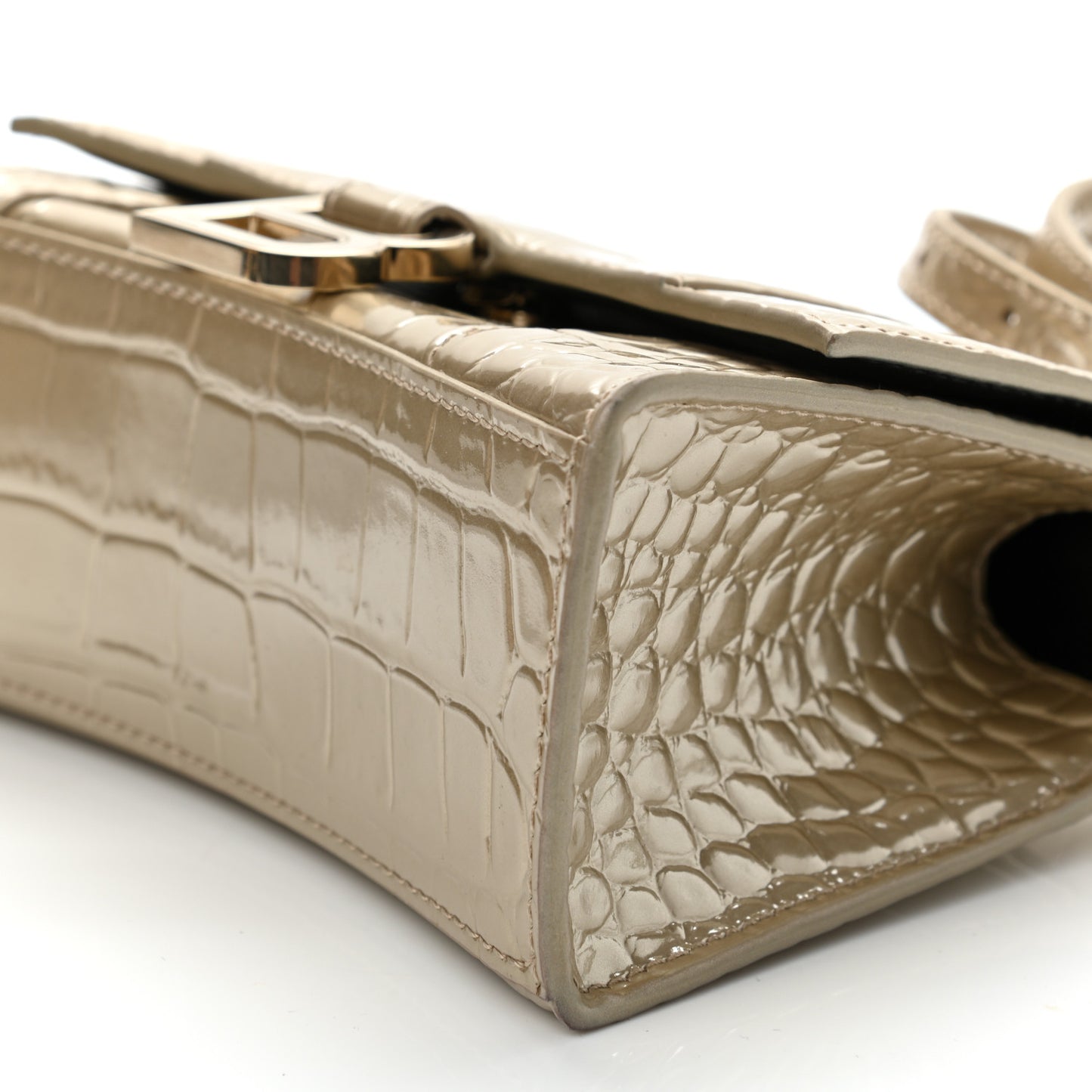 Metallic Shiny Calfskin Crocodile Embossed Hourglass Top Handle Bag XS Light Gold