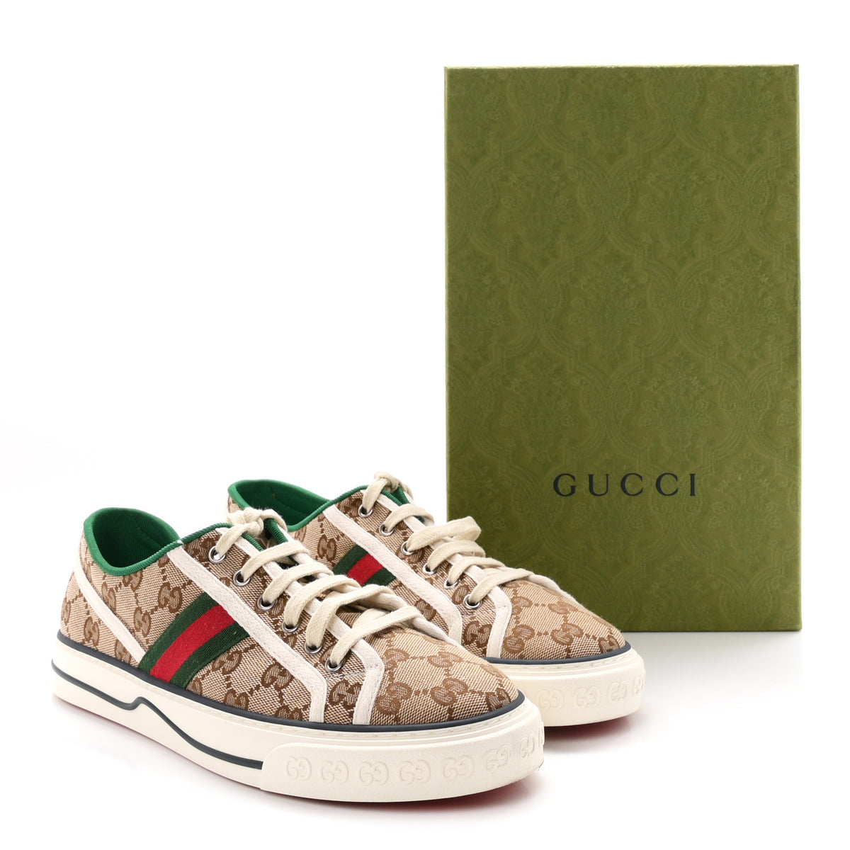 GG Monogram Web Womens 1977 Tennis Sneakers 41 Beige Ebony Mystic White