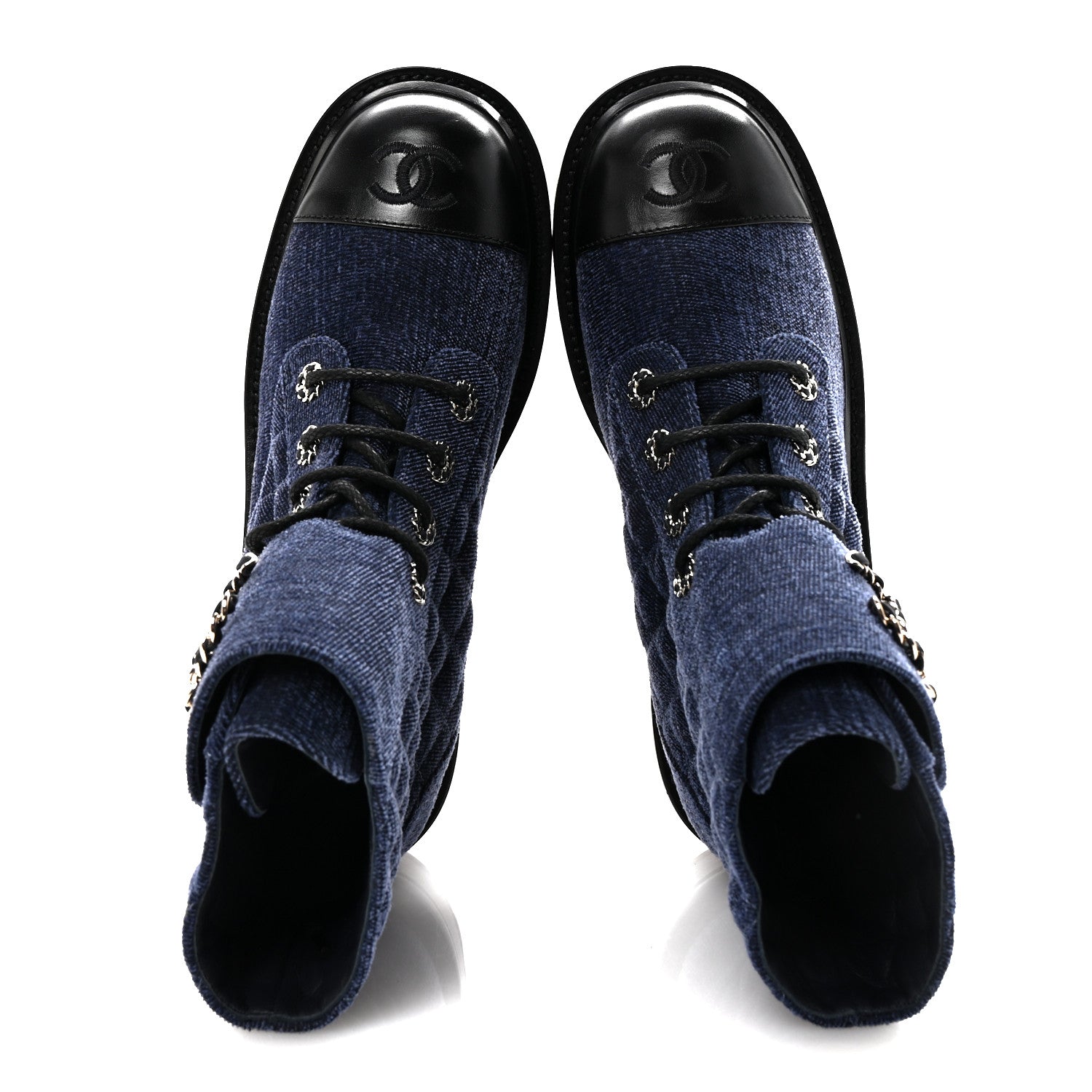 Chanel Shiny Calfskin Velvet Quilted Lace Up Combat Boots 38.5
