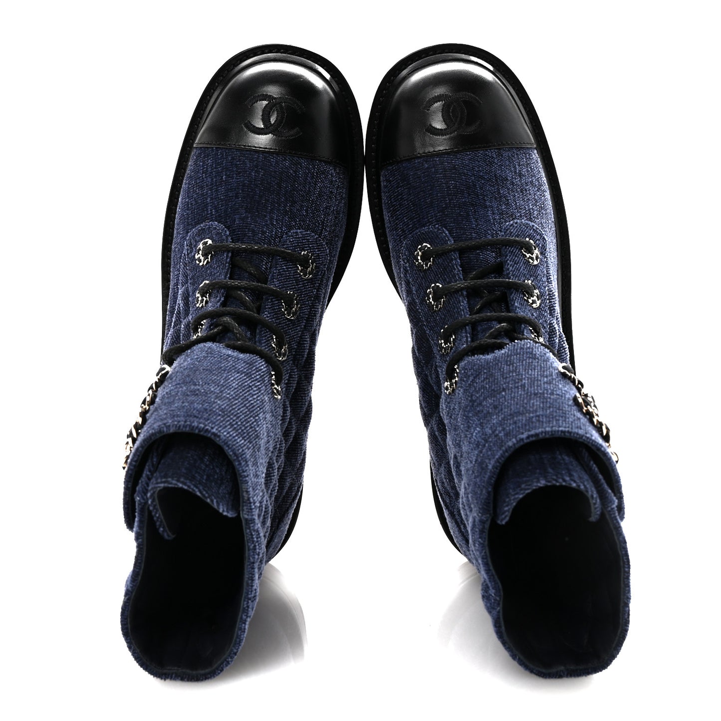 Shiny Calfskin Velvet Quilted Lace Up Combat Boots 38.5 Blue Black