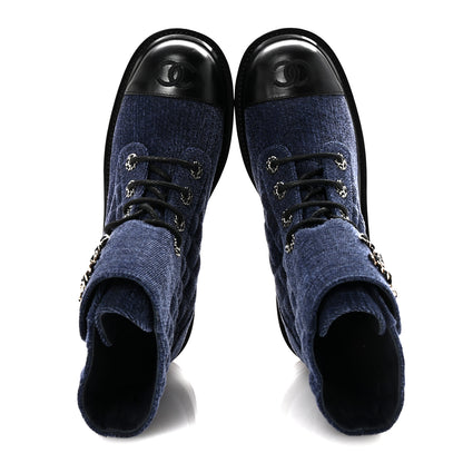 Chanel Shiny Calfskin Velvet Quilted Lace Up Combat Boots 38.5 Blue Black 2 of 9