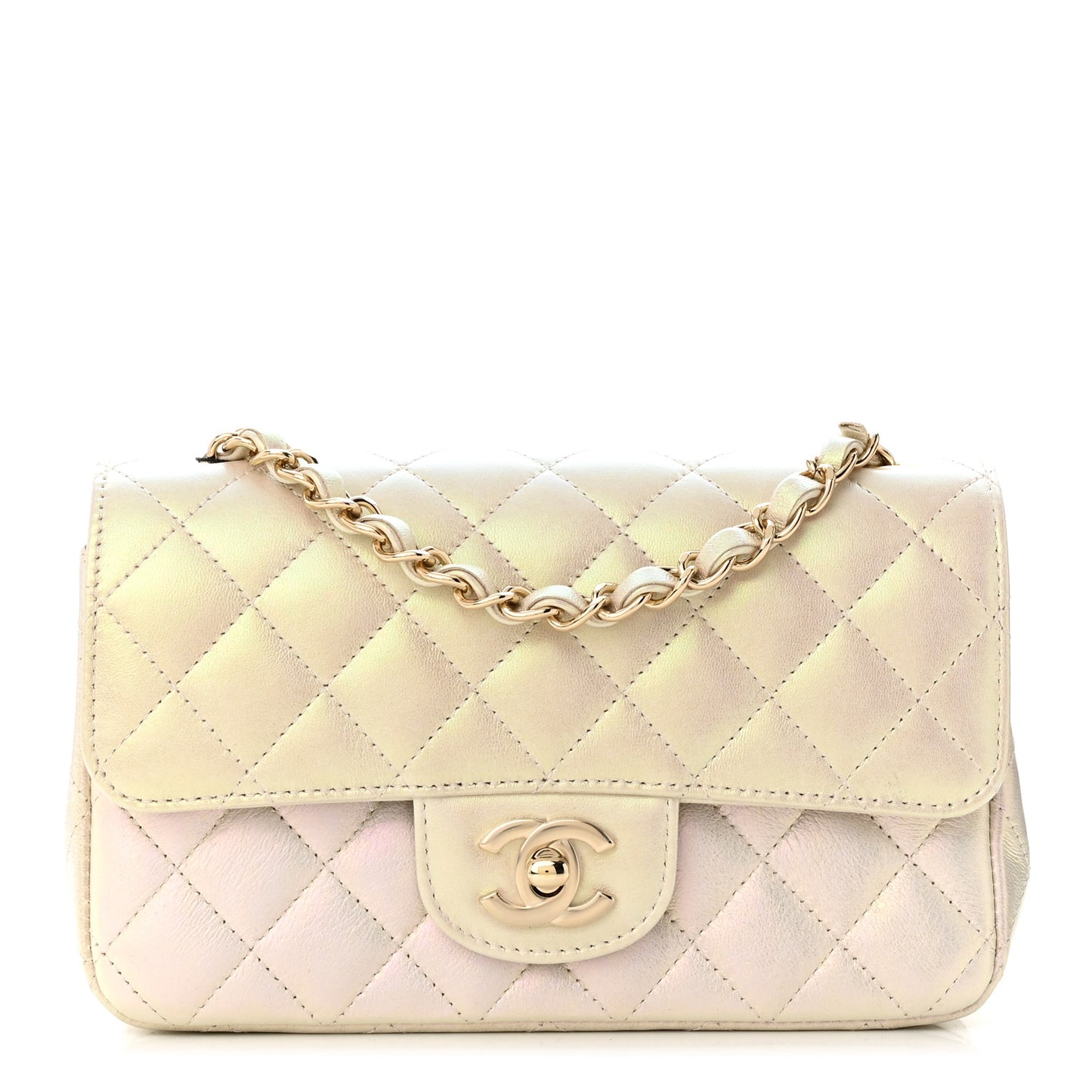 Iridescent Lambskin Quilted Mini Rectangular Flap Ivory