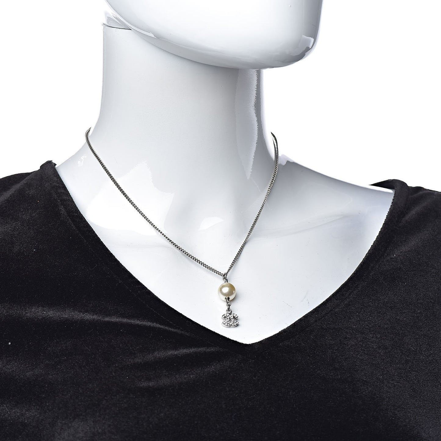 Crystal Pearl CC Drop Necklace Silver