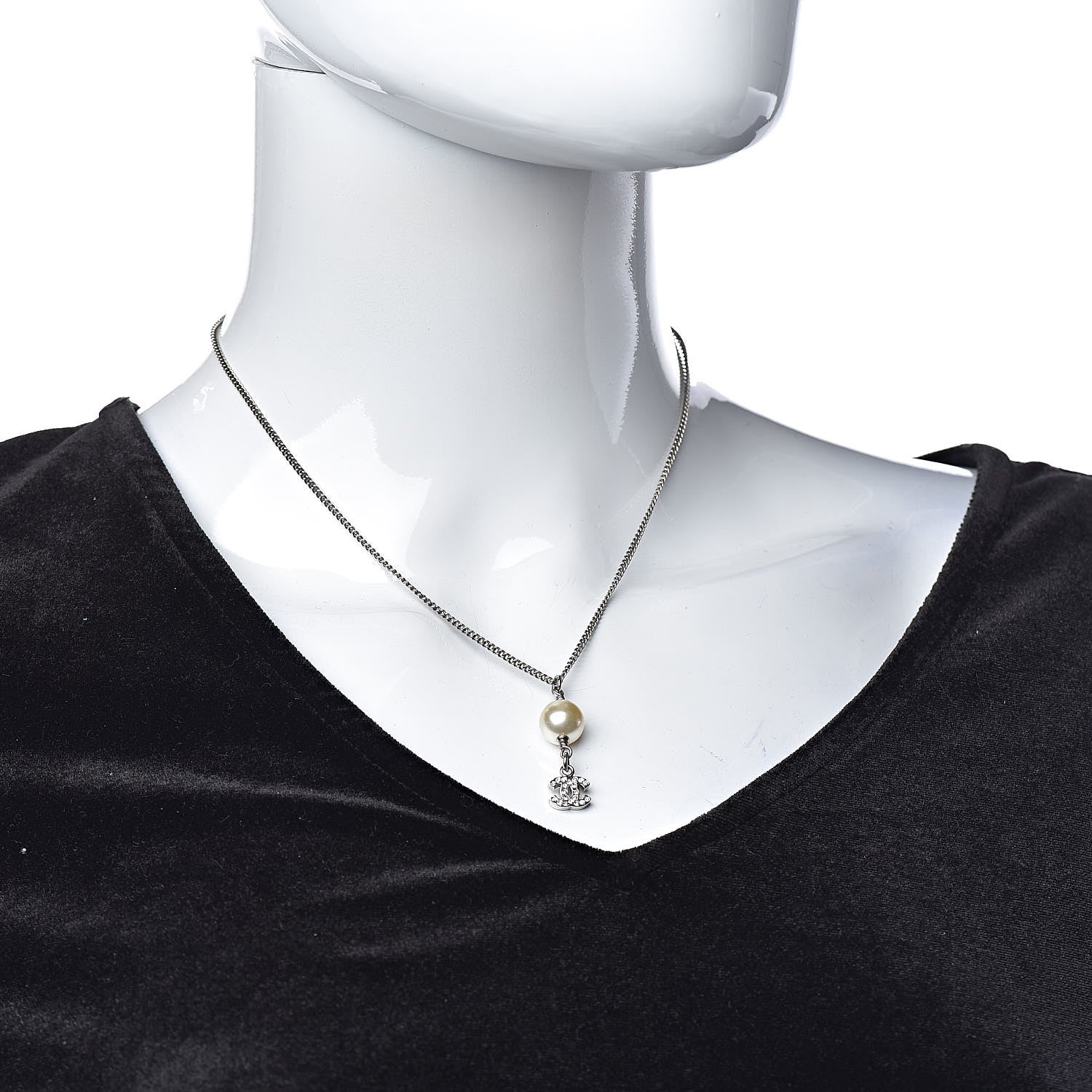 Chanel Crystal Pearl CC Drop Necklace Silver 2 of 5