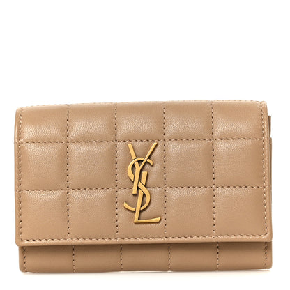 Saint Laurent Lambskin Carre Quilted Cassandre Compact Envelope Card Case Dark Toffee 1 of 9