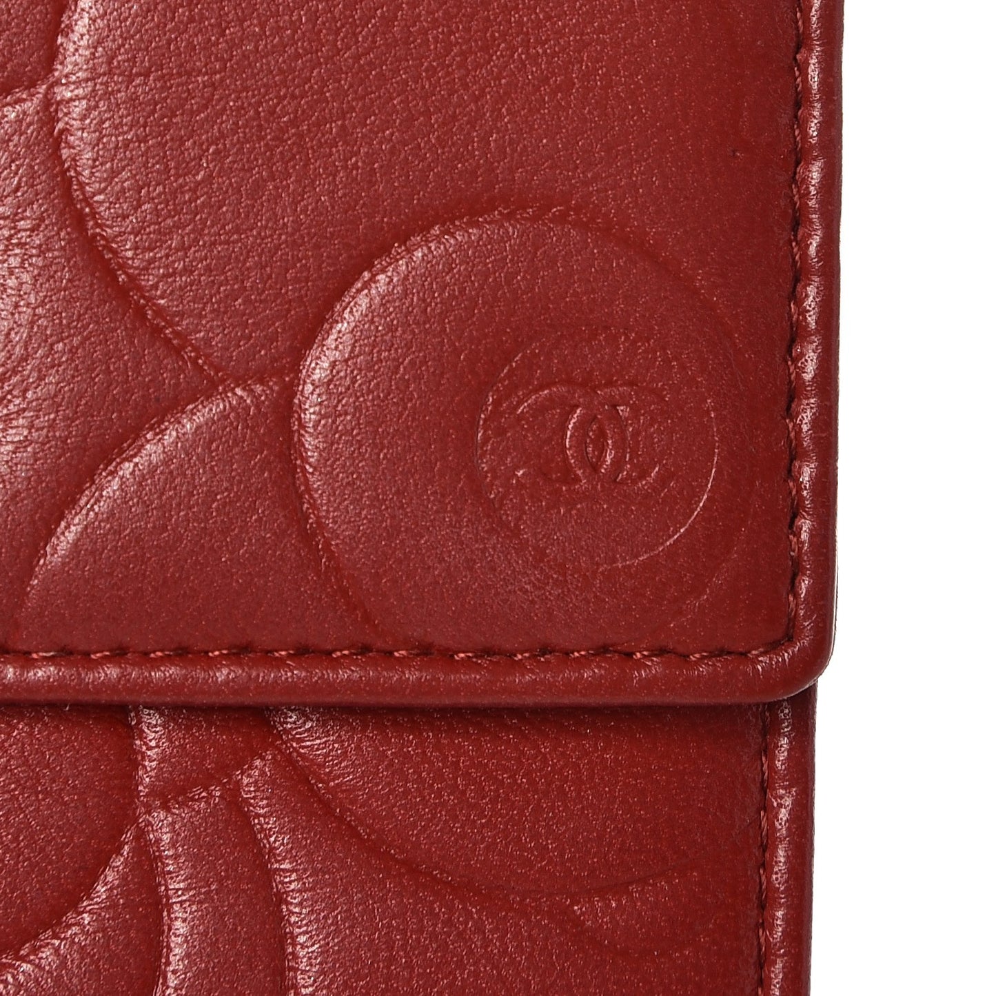 Lambskin Camellia Embossed French Wallet Dark Red