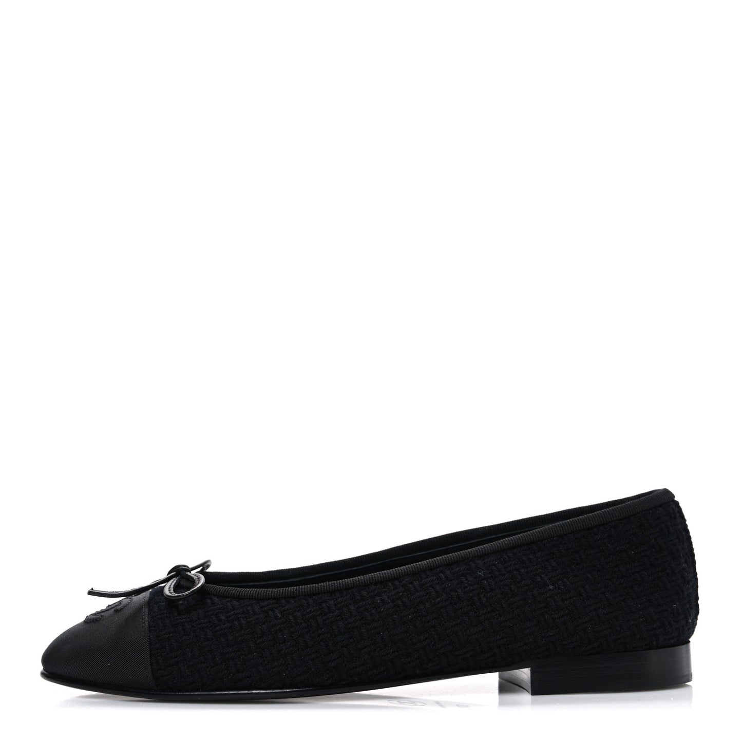 Wool Tweed Grosgrain Cap Toe CC Ballerina Flats 37.5 Black